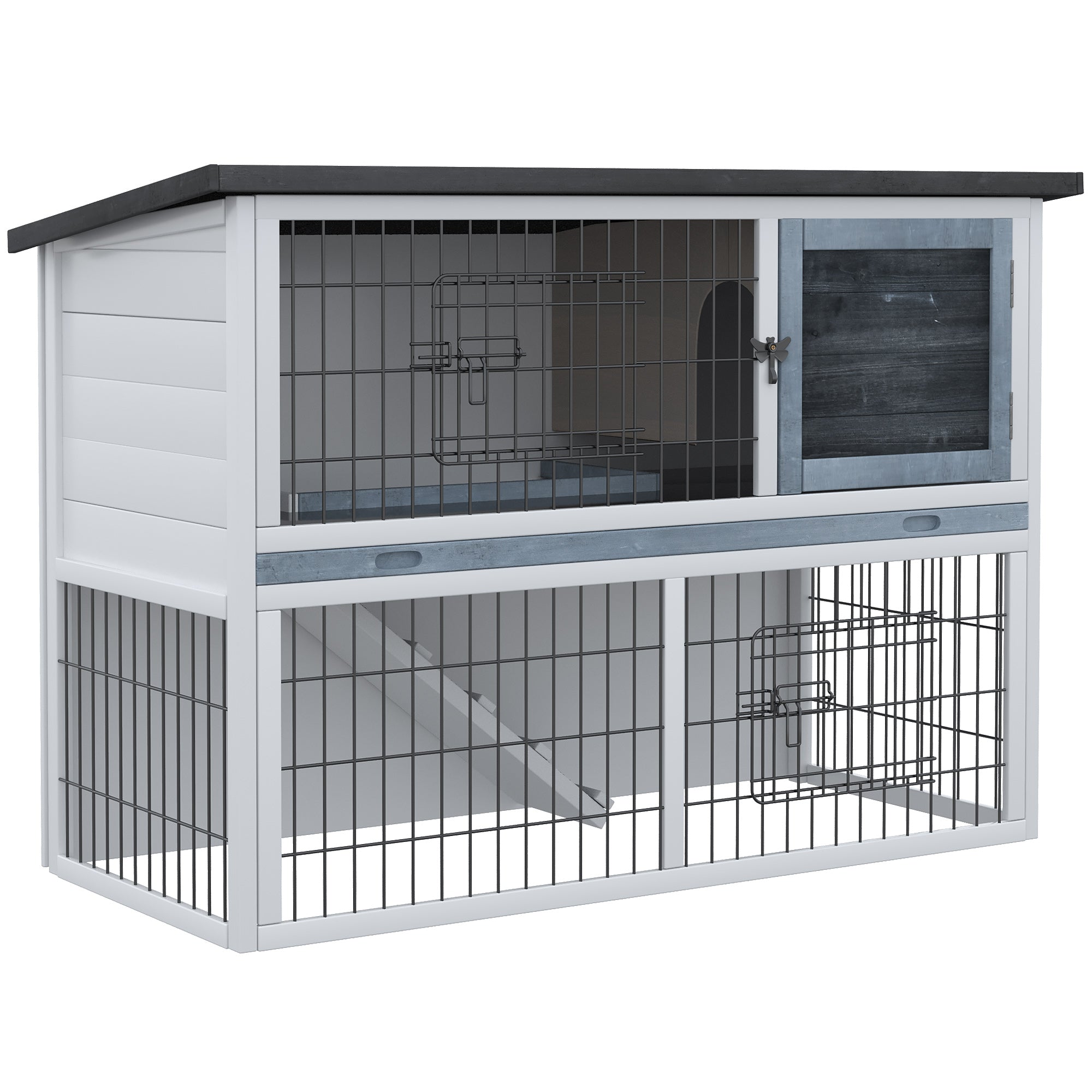 PawHut 2-tier Wood Rabbit Hutch Backyard Bunny Cage Habitat Small Animal House w/ Ramp, Slide Out Tray and Outdoor Run, Light Grey