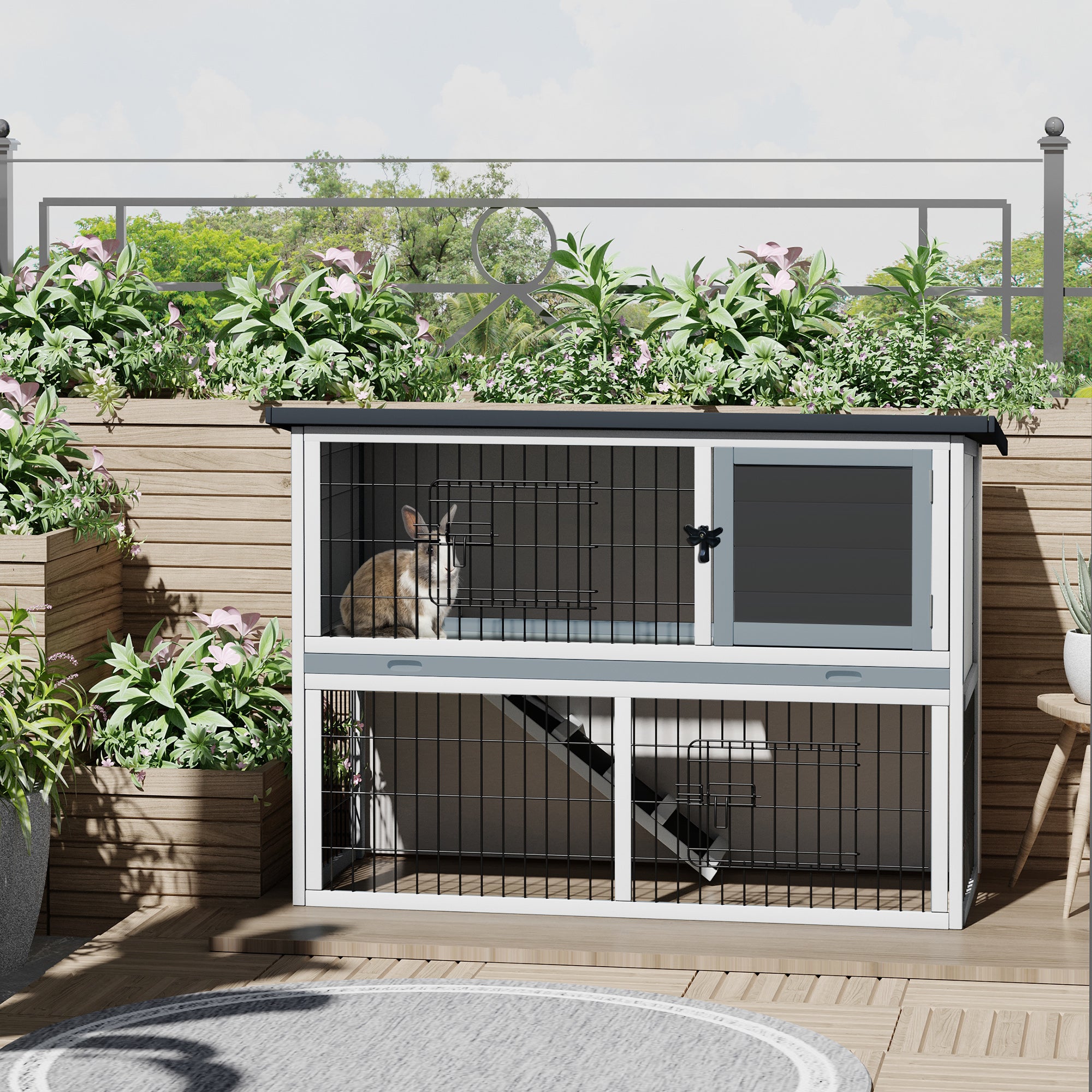 PawHut 2-Tier Wooden Rabbit Hutch Guinea Pig House Bunny Cage Backyard w/ Openable Roof Small Animal House for Outdoor Grey, 108 x 45 x 78 cm