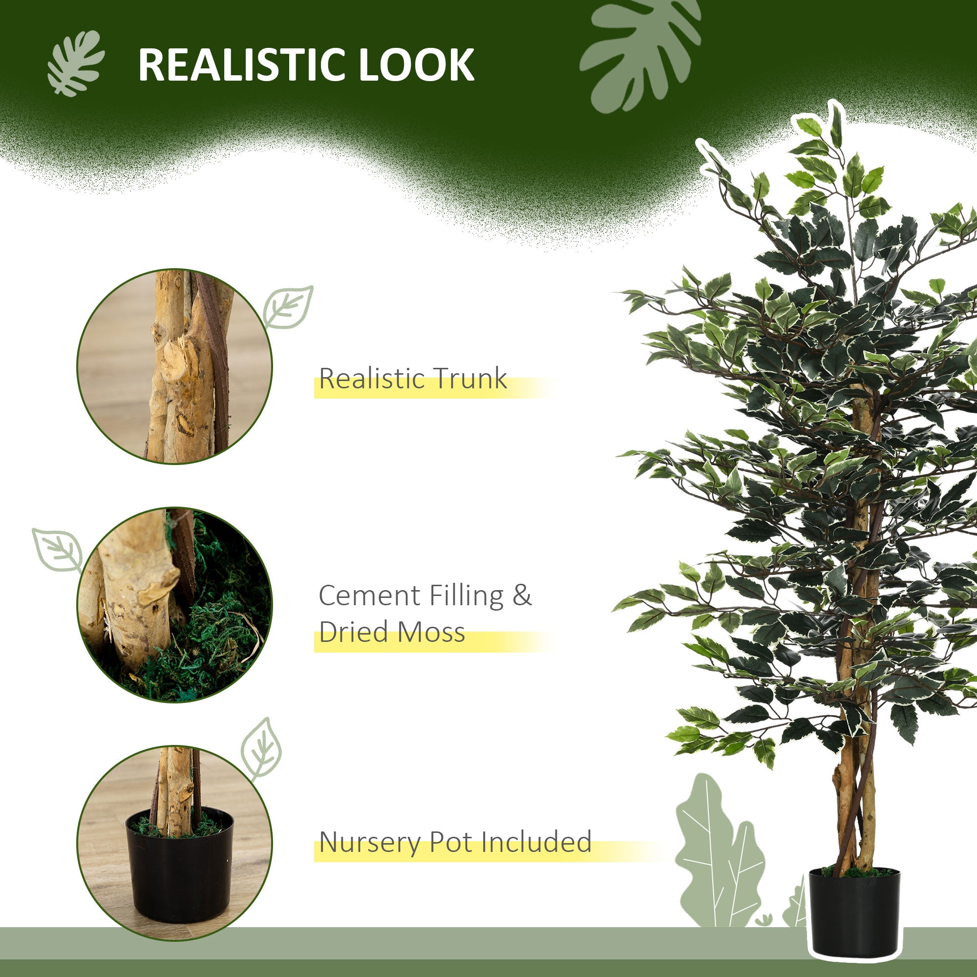HOMCOM 4.3FT Artificial Ficus Tree, Fake Tree with Leaves, Faux Plant in Nursery Pot for Indoor and Outdoor Decoration