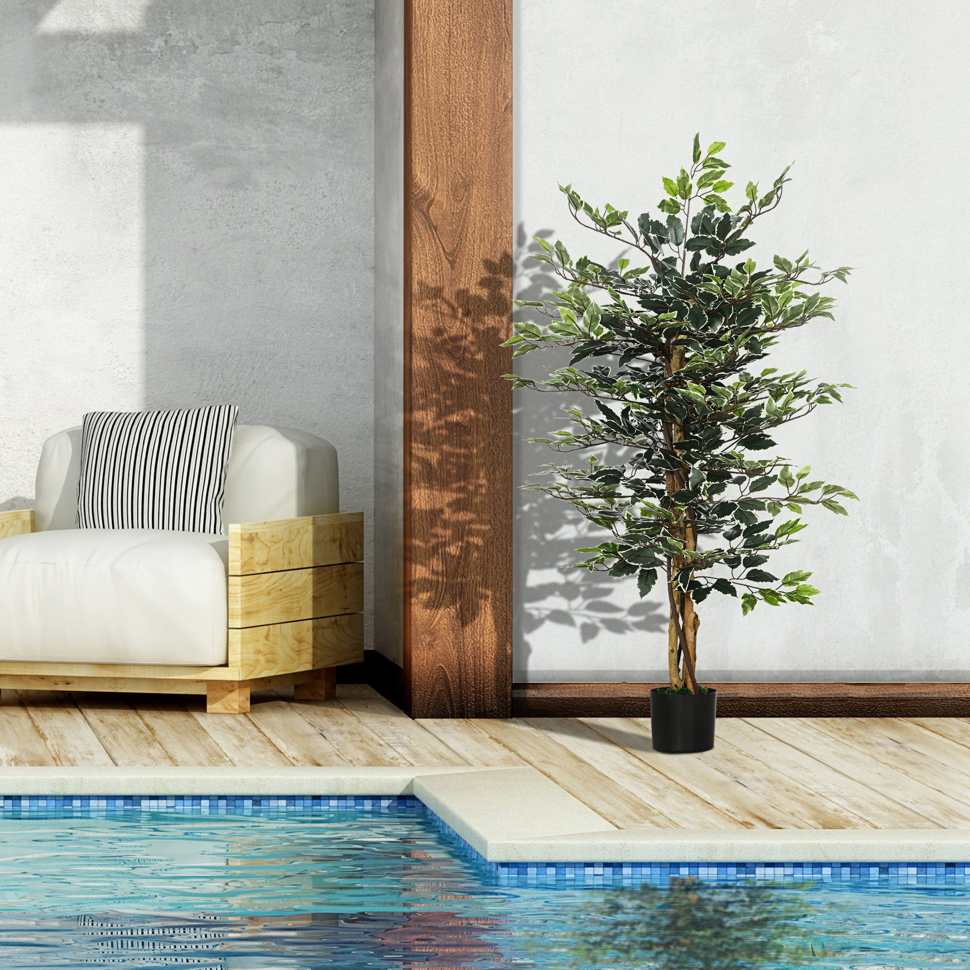 HOMCOM 4.3FT Artificial Ficus Tree, Fake Tree with Leaves, Faux Plant in Nursery Pot for Indoor and Outdoor Decoration