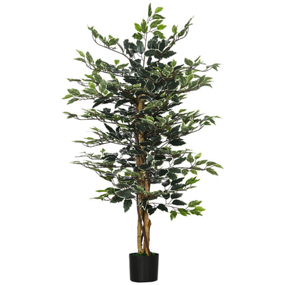 HOMCOM 4.3FT Artificial Ficus Tree, Fake Tree with Leaves, Faux Plant in Nursery Pot for Indoor and Outdoor Decoration
