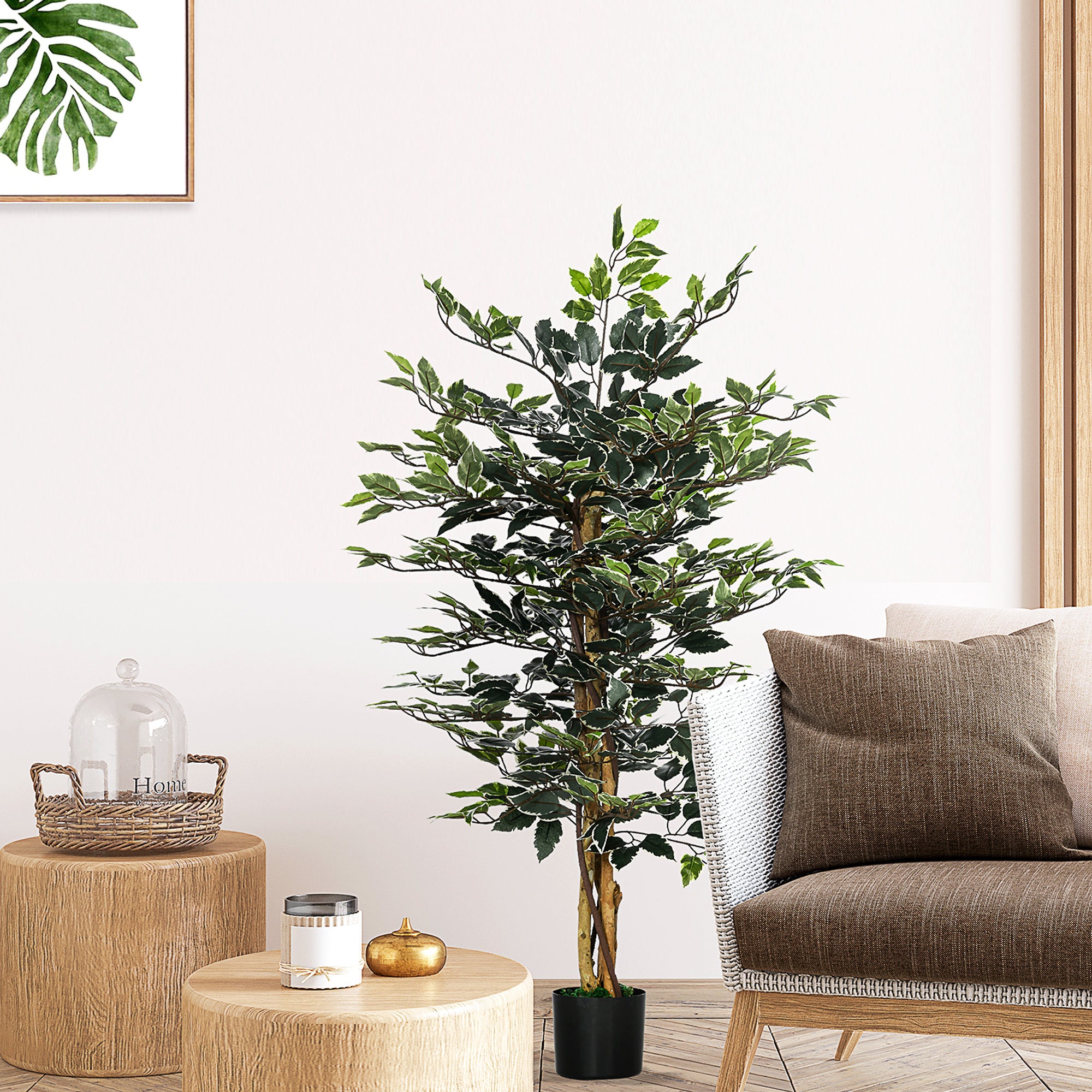 HOMCOM 4.3FT Artificial Ficus Tree, Fake Tree with Leaves, Faux Plant in Nursery Pot for Indoor and Outdoor Decoration