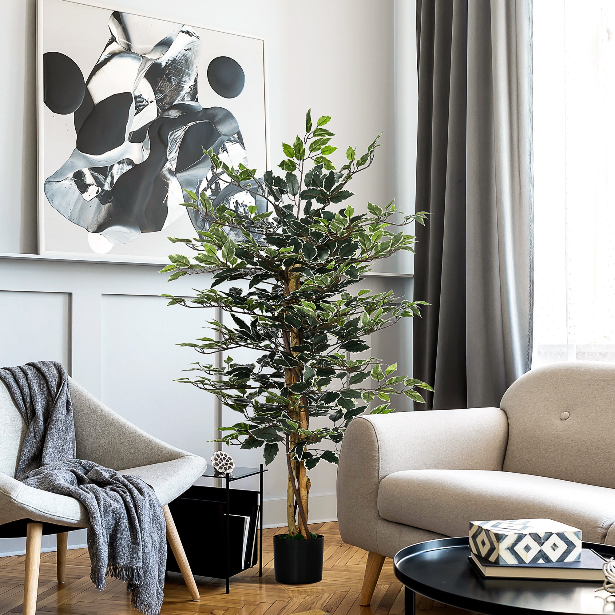HOMCOM 4.3FT Artificial Ficus Tree, Fake Tree with Leaves, Faux Plant in Nursery Pot for Indoor and Outdoor Decoration