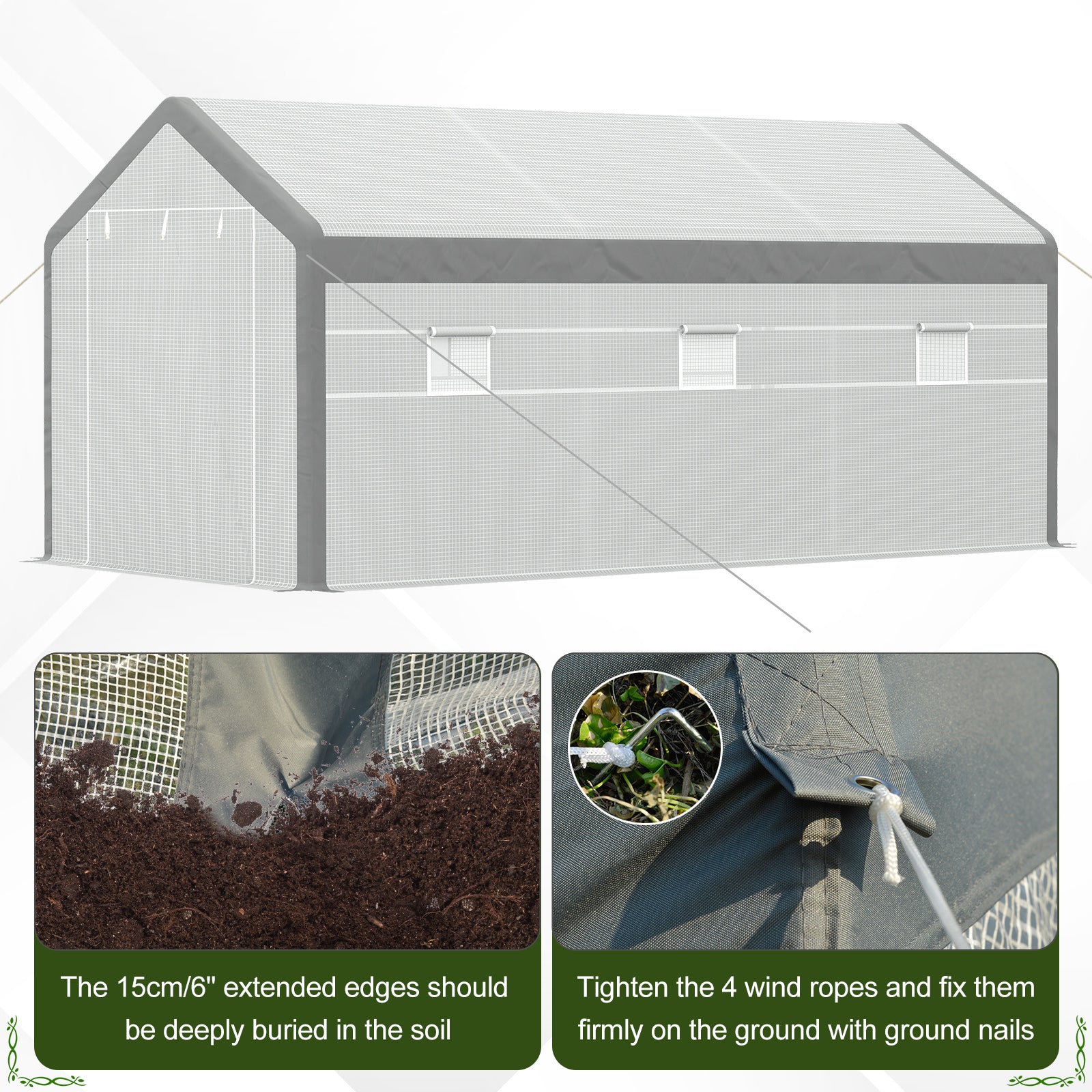 Outsunny 20' x 10' x 9' Walk-in Greenhouse with Roll Up Doors & 6 Windows Plant Growth Warm House Outdoor, PE Cover, White