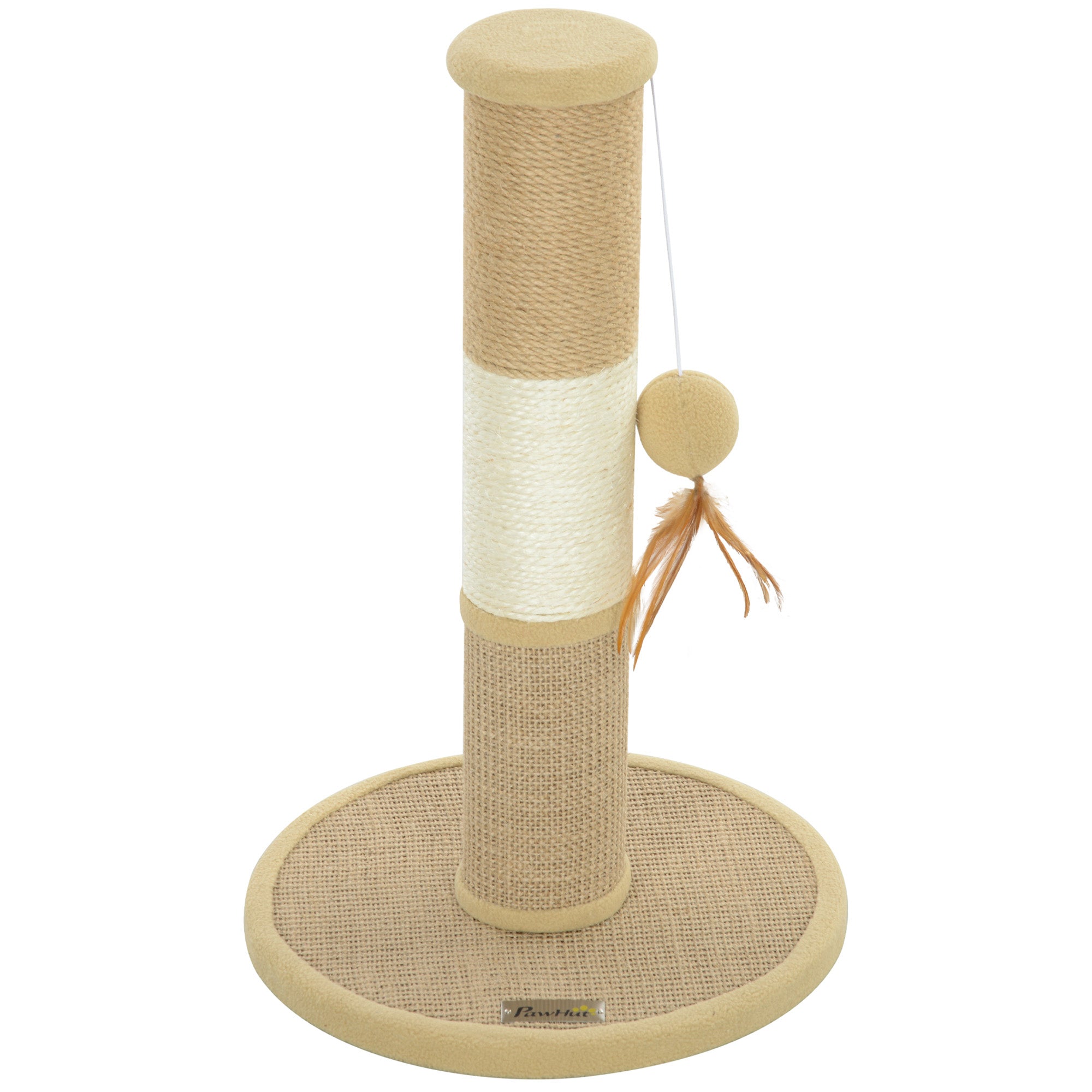 PawHut Cat Scratching Post for Indoor Cats, 47cm Tall Cat Scratcher with Jute Sisal Rope, Hessian fabric, Hanging Toy Ball, Feather, Kitty Climbing Tree with Anti-slip Base, Brown
