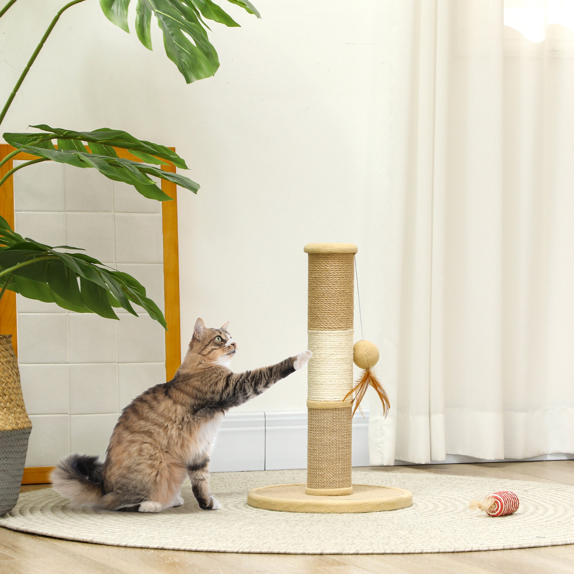 PawHut Cat Scratching Post for Indoor Cats, 47cm Tall Cat Scratcher with Jute Sisal Rope, Hessian fabric, Hanging Toy Ball, Feather, Kitty Climbing Tree with Anti-slip Base, Brown