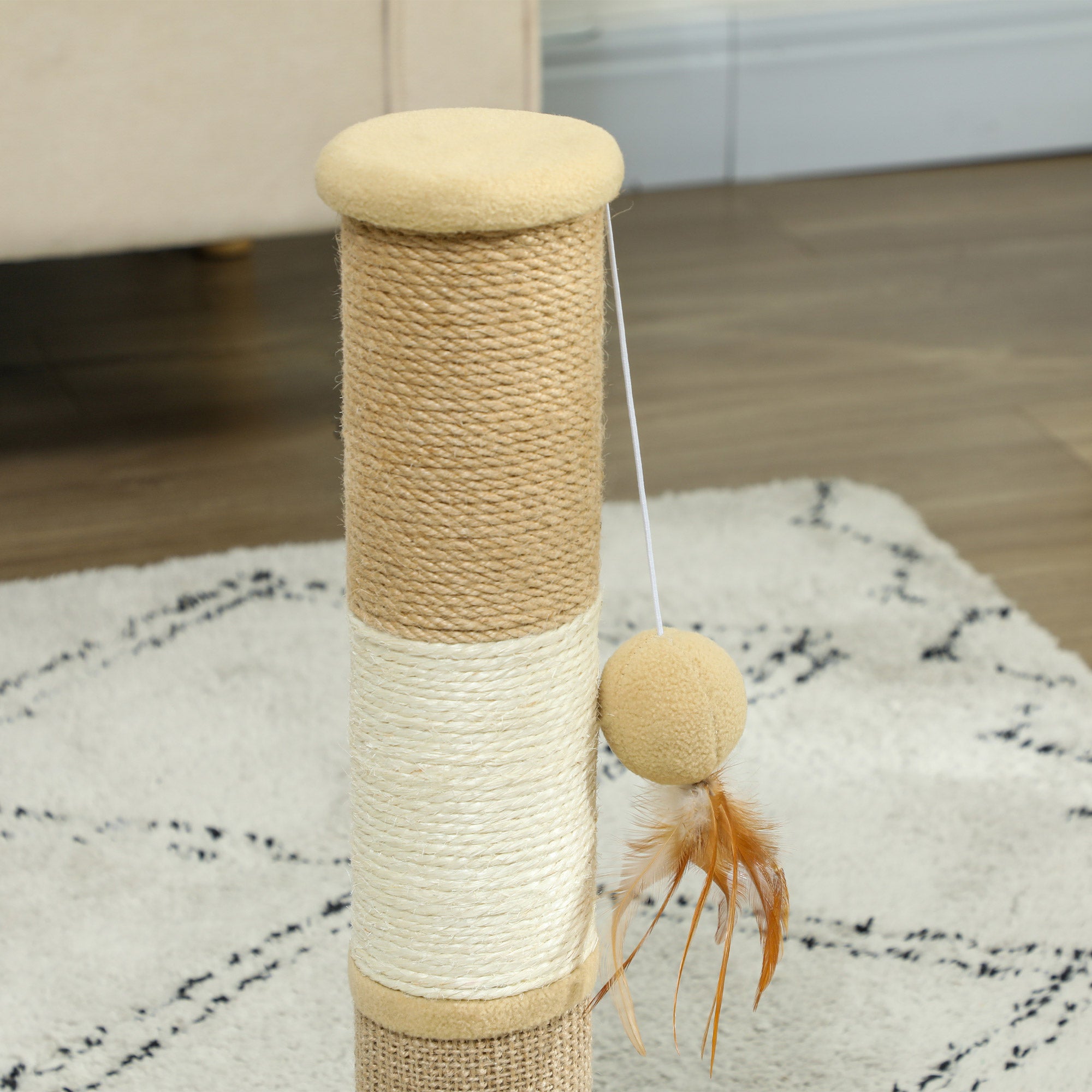 PawHut Cat Scratching Post for Indoor Cats, 47cm Tall Cat Scratcher with Jute Sisal Rope, Hessian fabric, Hanging Toy Ball, Feather, Kitty Climbing Tree with Anti-slip Base, Brown
