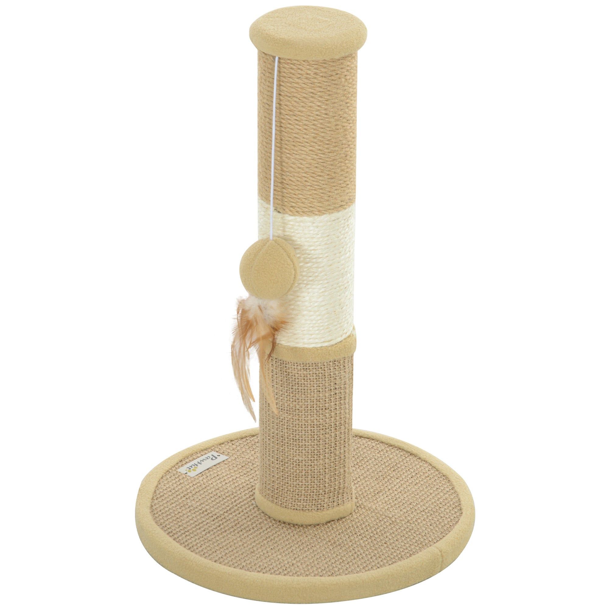 PawHut Cat Scratching Post for Indoor Cats, 47cm Tall Cat Scratcher with Jute Sisal Rope, Hessian fabric, Hanging Toy Ball, Feather, Kitty Climbing Tree with Anti-slip Base, Brown