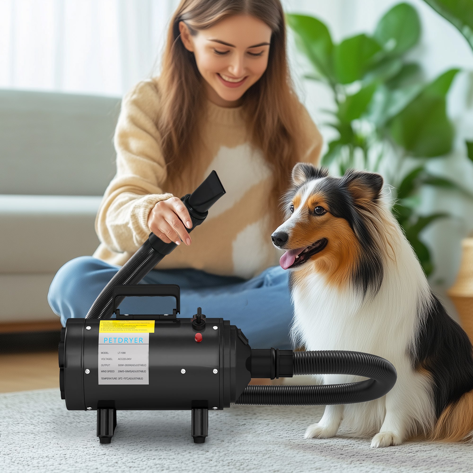 PawHut Dog Hair Dryer, 2200W Pet Grooming Hair Dryer with Adjustable Temperature & Velocity, Professional Low Noise Dog Blaster with 3 Different Nozzles, Black