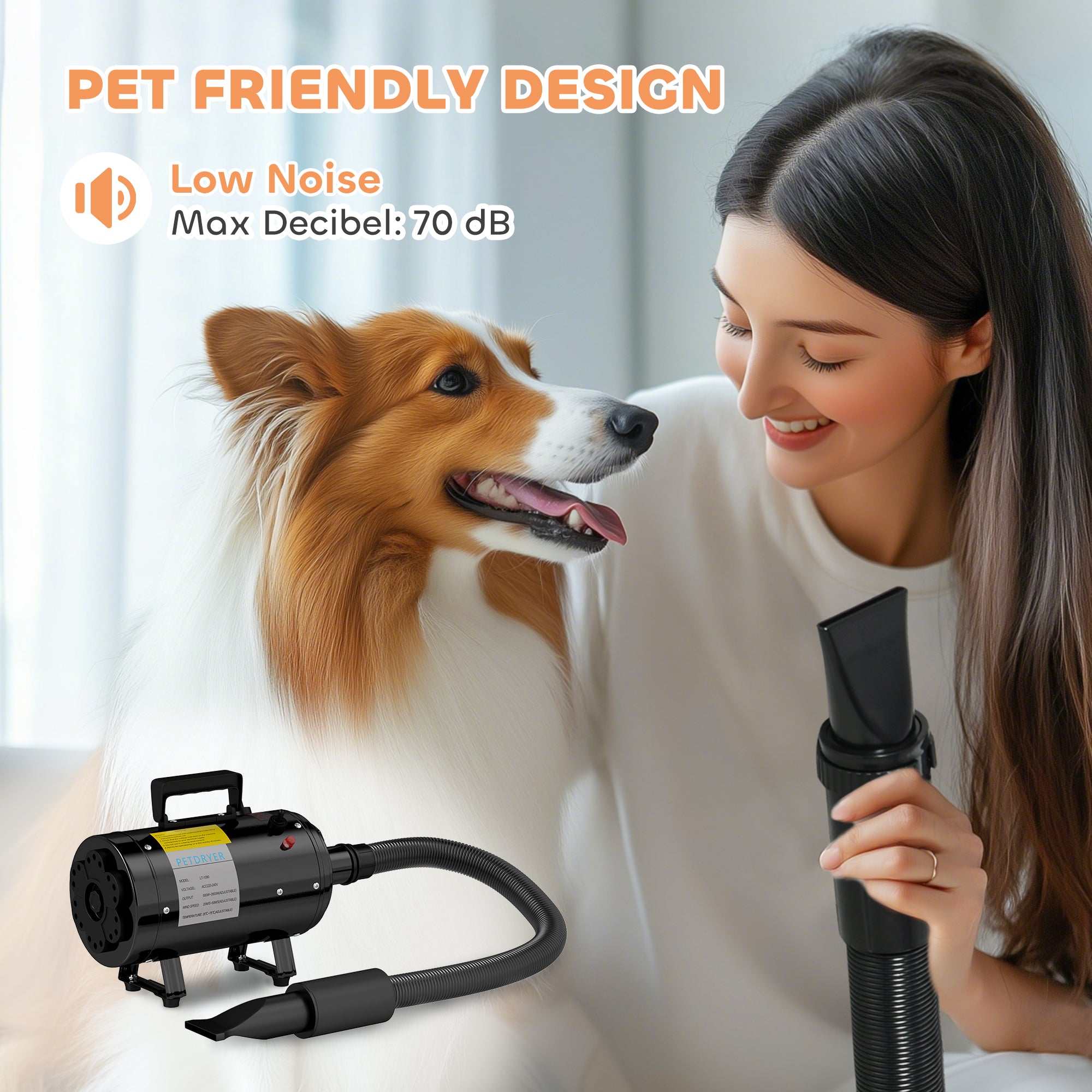 PawHut Dog Hair Dryer, 2200W Pet Grooming Hair Dryer with Adjustable Temperature & Velocity, Professional Low Noise Dog Blaster with 3 Different Nozzles, Black