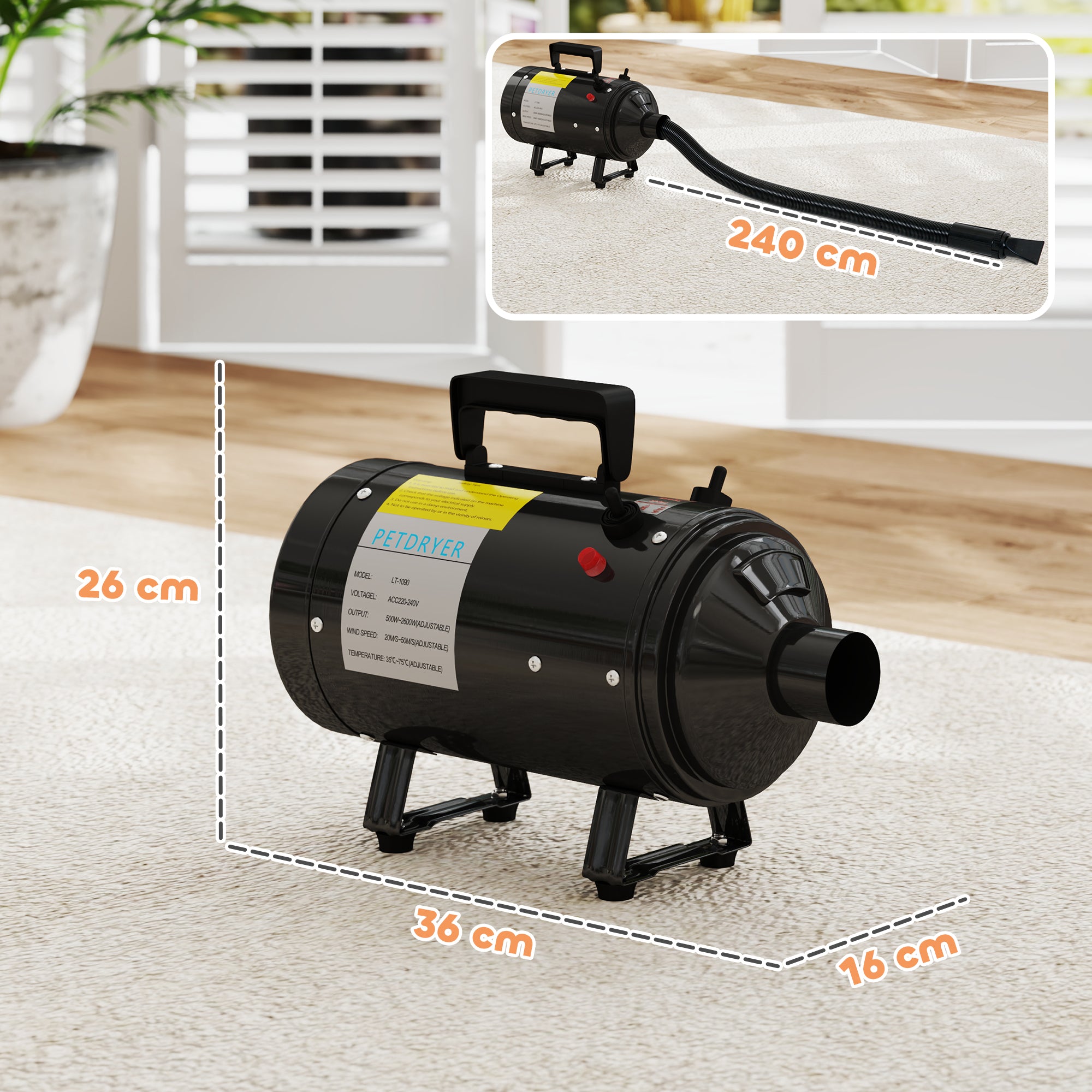 PawHut Dog Hair Dryer, 2200W Pet Grooming Hair Dryer with Adjustable Temperature & Velocity, Professional Low Noise Dog Blaster with 3 Different Nozzles, Black