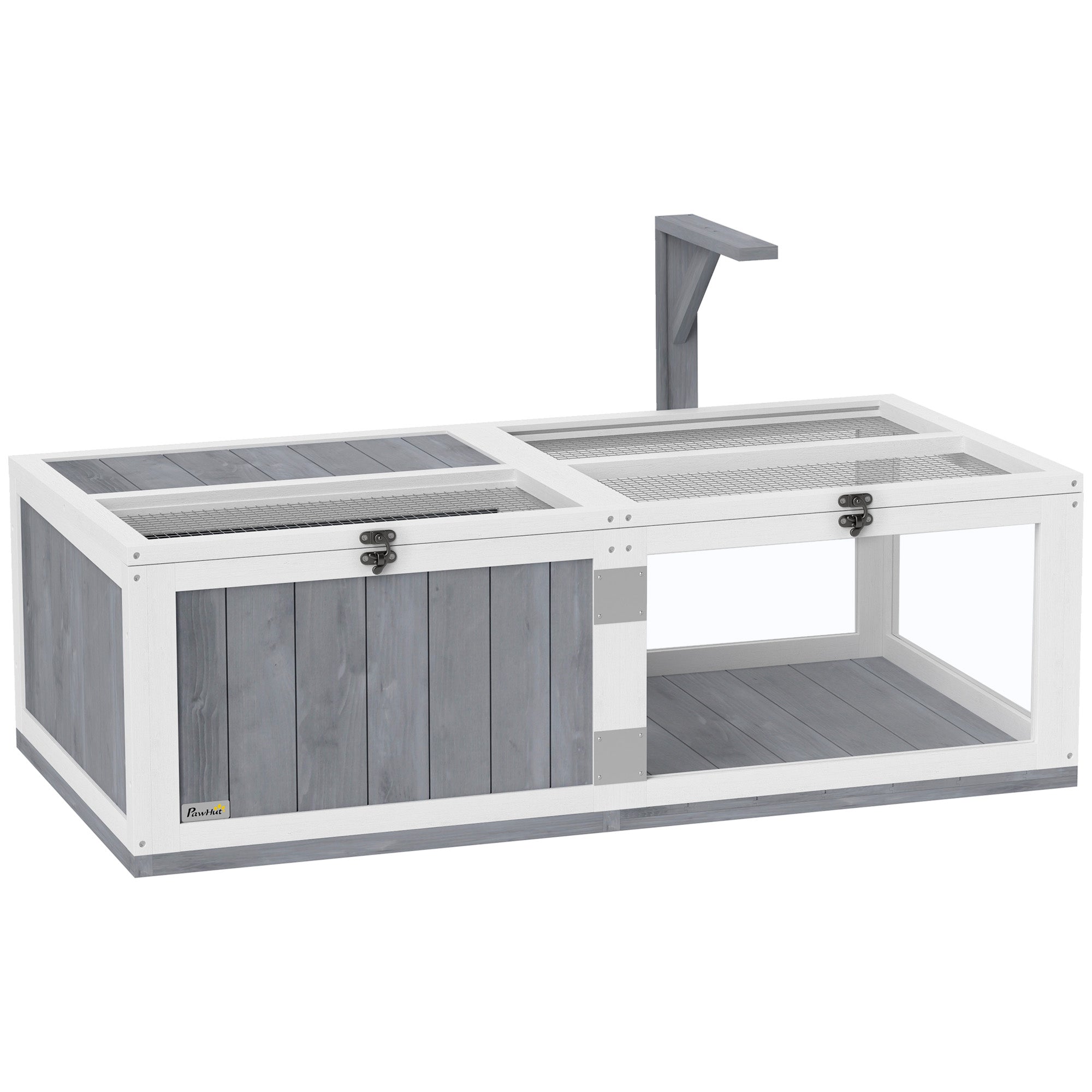 PawHut Tortoise House with Lamp Holder, Wooden Tortoise Enclosure with Clear Observation Windows, Openable Tops, Built-in Tray, 2-Room Tortoise Table for Indoor Use, Light Grey