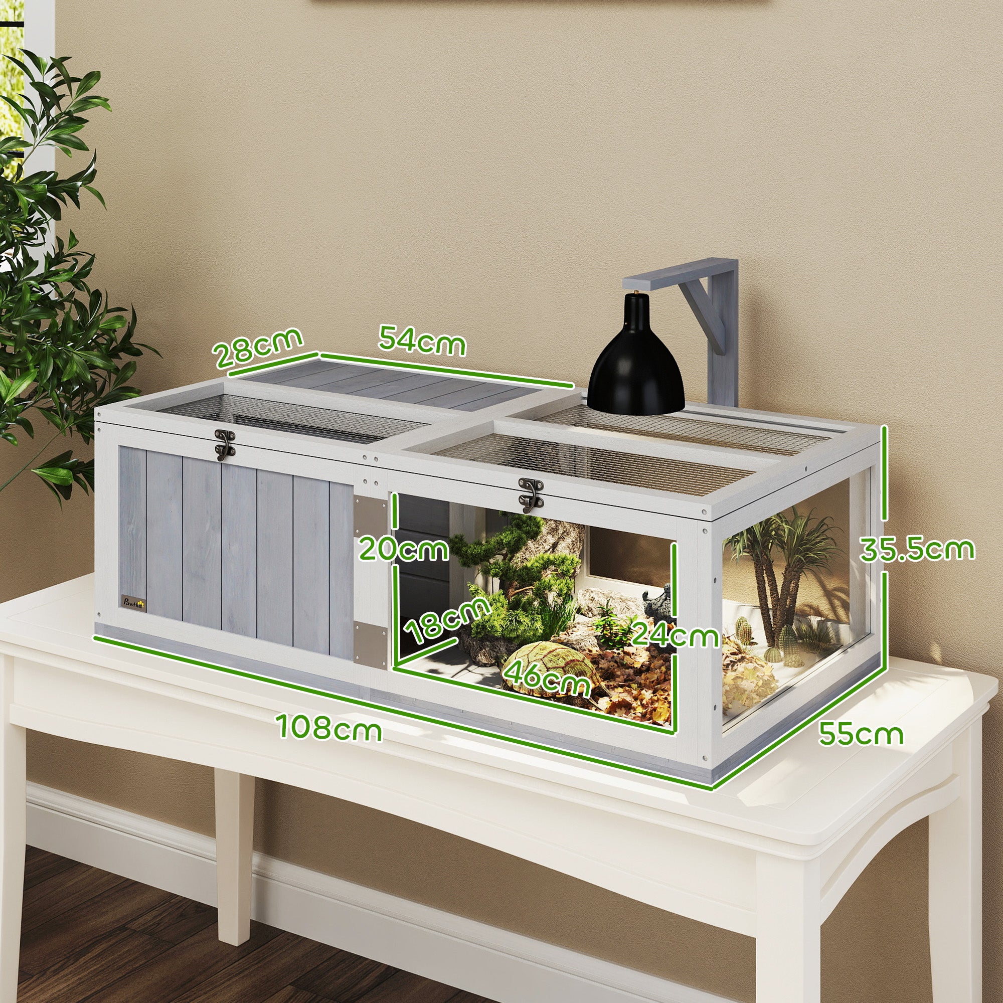 PawHut Tortoise House with Lamp Holder, Wooden Tortoise Enclosure with Clear Observation Windows, Openable Tops, Built-in Tray, 2-Room Tortoise Table for Indoor Use, Light Grey