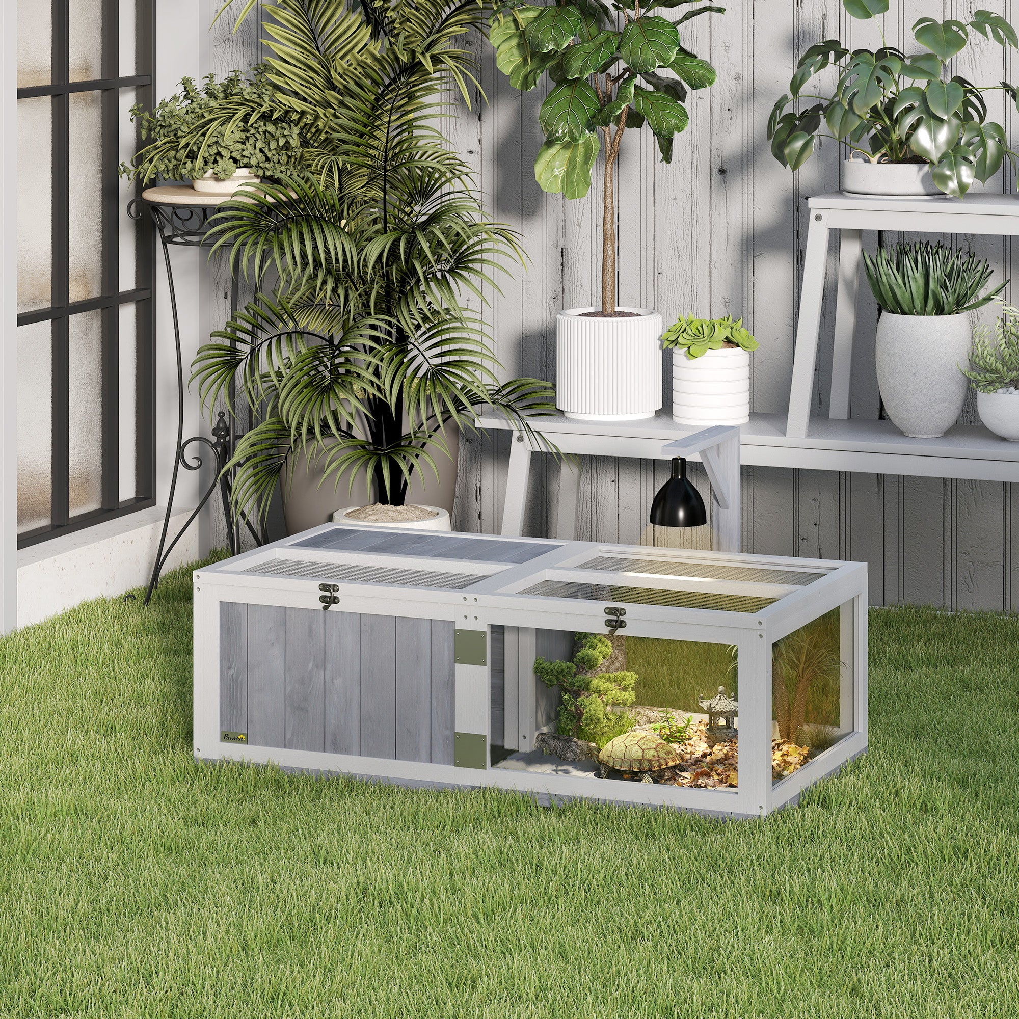 PawHut Tortoise House with Lamp Holder, Wooden Tortoise Enclosure with Clear Observation Windows, Openable Tops, Built-in Tray, 2-Room Tortoise Table for Indoor Use, Light Grey
