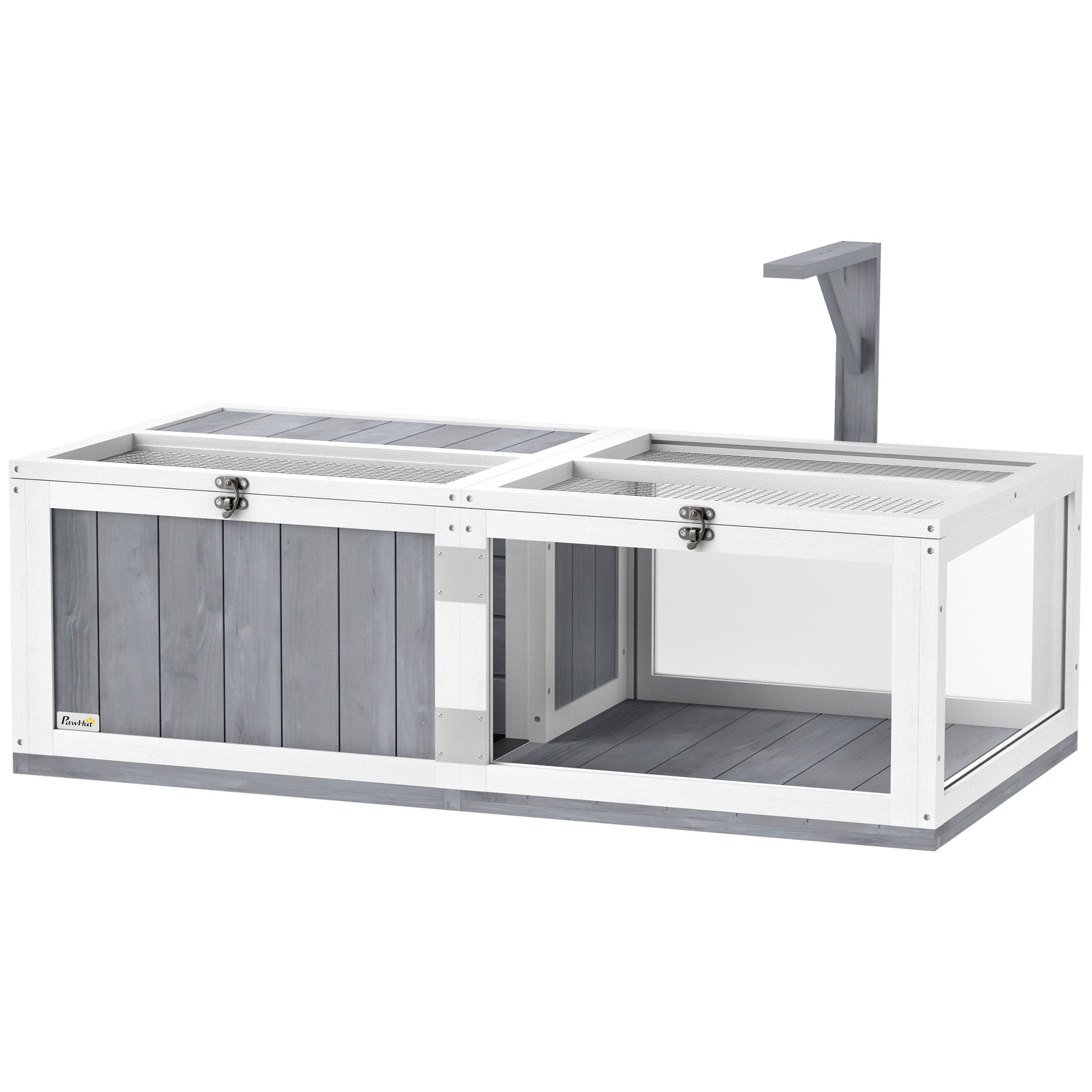 PawHut Tortoise House with Lamp Holder, Wooden Tortoise Enclosure with Clear Observation Windows, Openable Tops, Built-in Tray, 2-Room Tortoise Table for Indoor Use, Light Grey