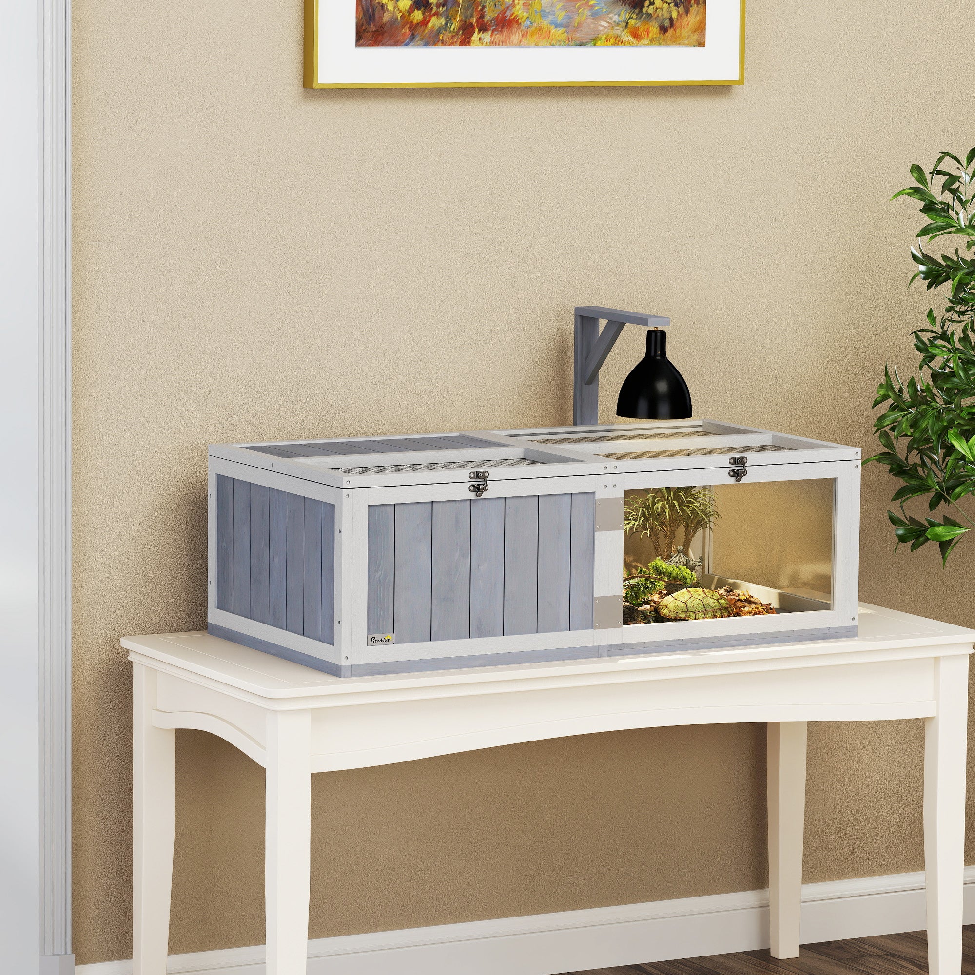 PawHut Tortoise House with Lamp Holder, Wooden Tortoise Enclosure with Clear Observation Windows, Openable Tops, Built-in Tray, 2-Room Tortoise Table for Indoor Use, Light Grey