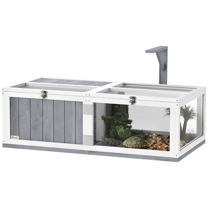 PawHut Tortoise House with Lamp Holder, Wooden Tortoise Enclosure with Clear Observation Windows, Openable Tops, Built-in Tray, 2-Room Tortoise Table for Indoor Use, Light Grey