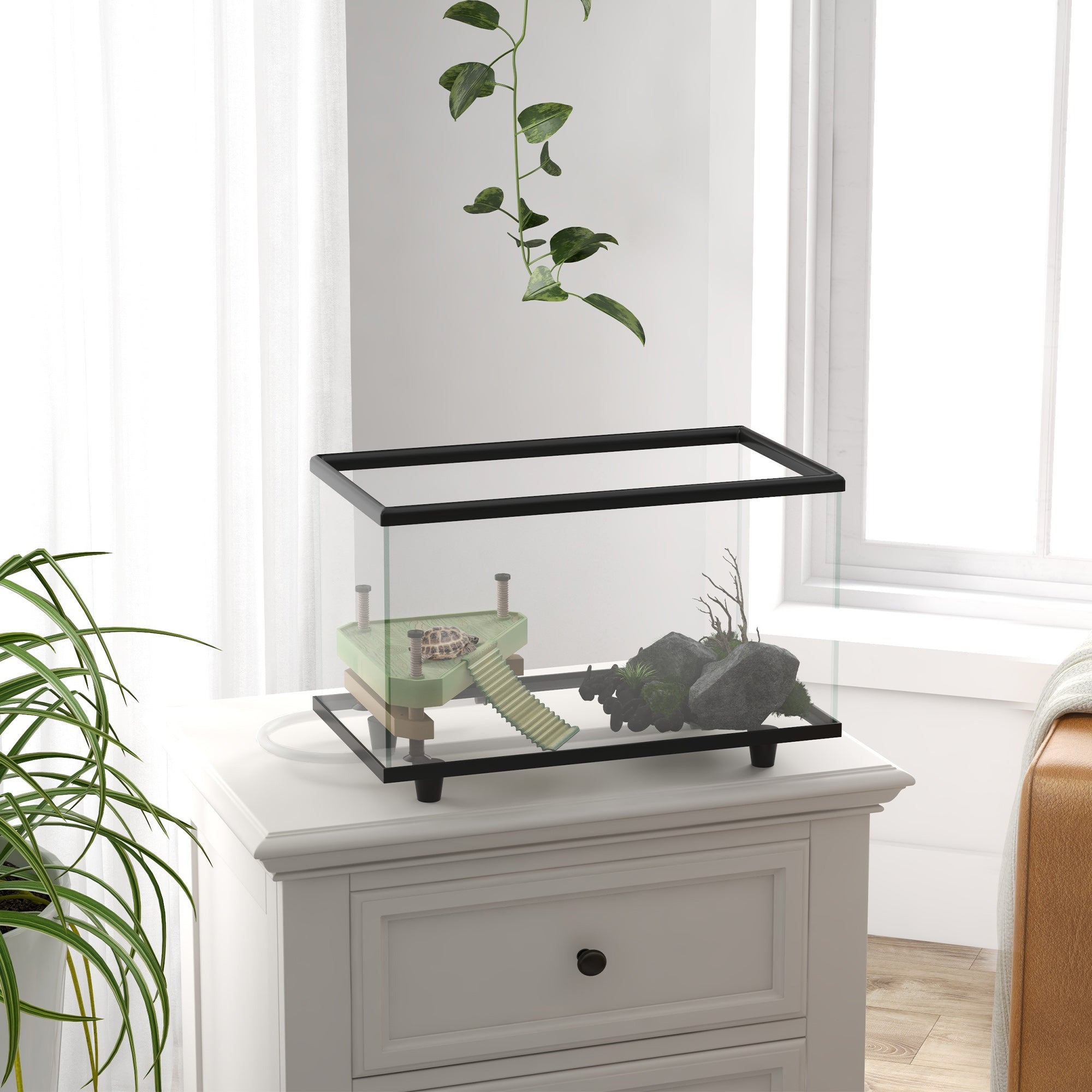 PawHut Turtle Tank, 28L Glass Turtle Aquarium with Basking Platform, Ramp, Easy Drainage, Strip Patch Thermometer, for Small Turtles, 45 x 25 x 29cm