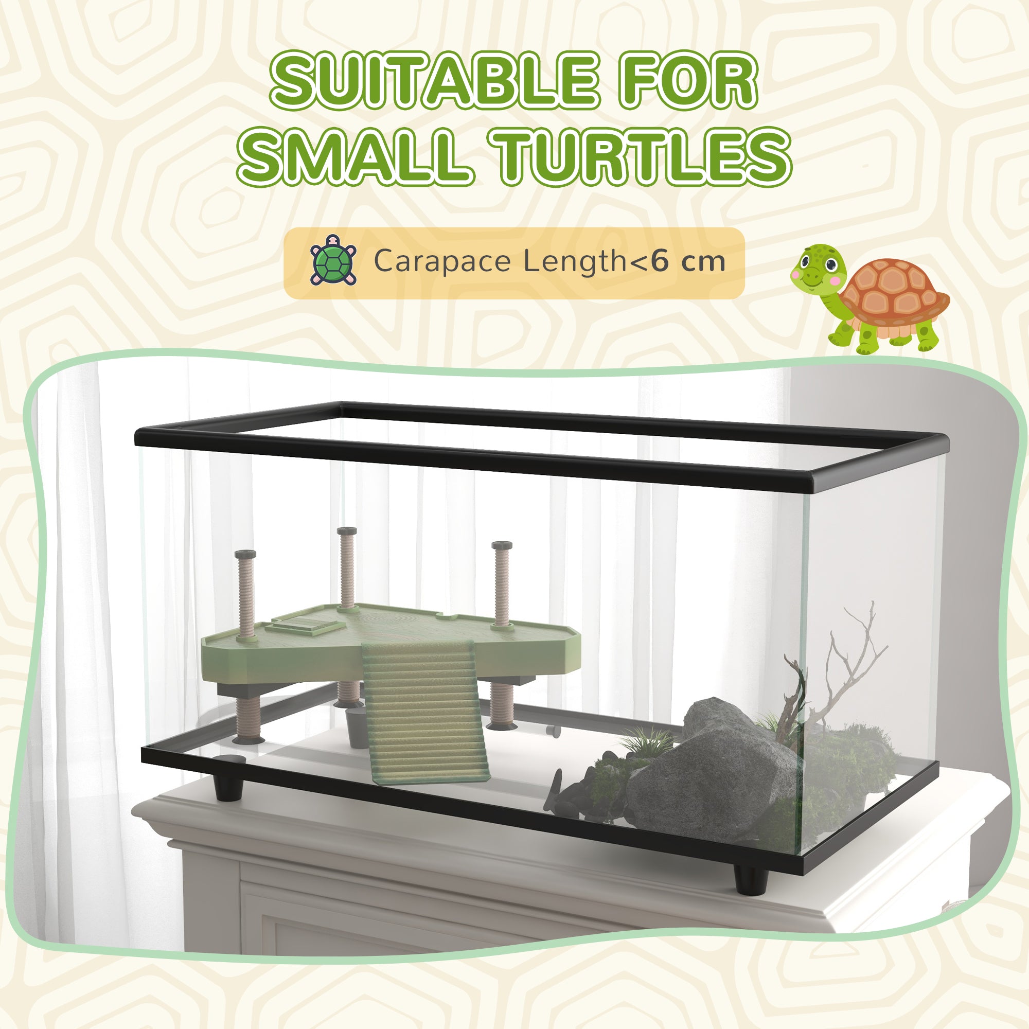 PawHut Turtle Tank, 28L Glass Turtle Aquarium with Basking Platform, Ramp, Easy Drainage, Strip Patch Thermometer, for Small Turtles, 45 x 25 x 29cm