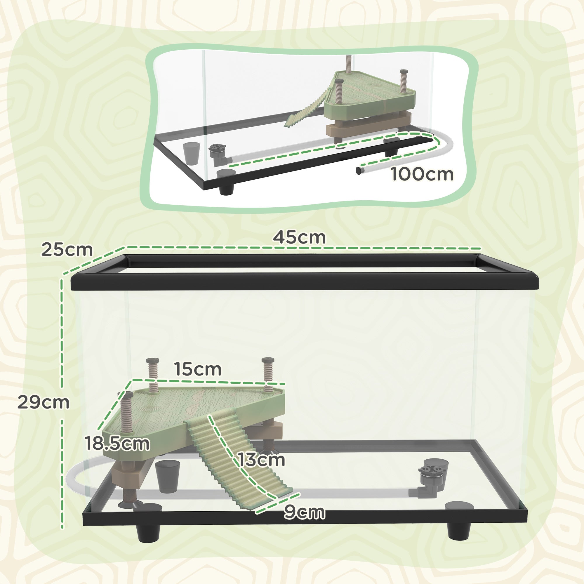 PawHut Turtle Tank, 28L Glass Turtle Aquarium with Basking Platform, Ramp, Easy Drainage, Strip Patch Thermometer, for Small Turtles, 45 x 25 x 29cm