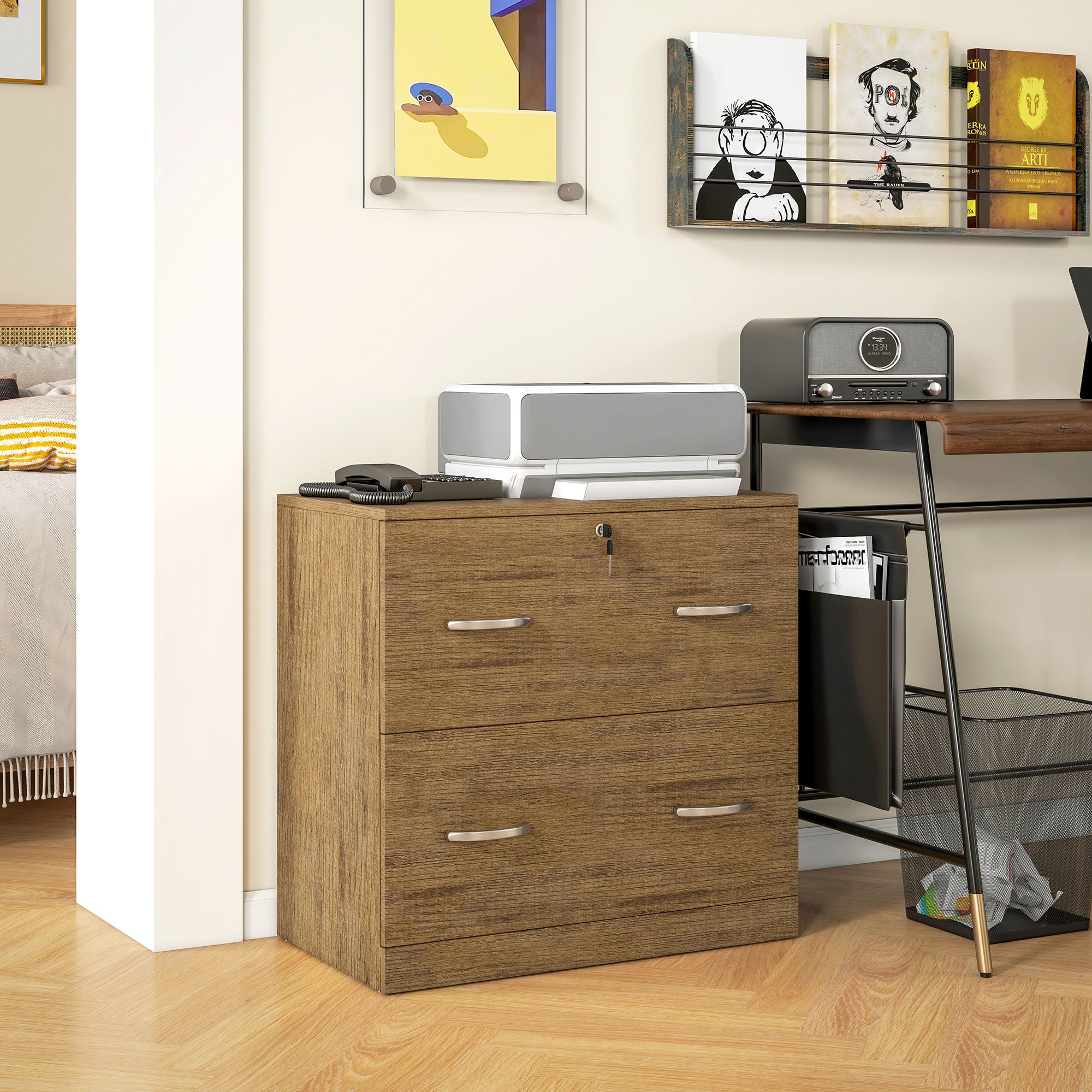 Vinsetto 2-Drawer Lateral Filing Cabinet with Lock, File Cabinet with Hanging Bar for Letter Size, Home Office, Light Brown