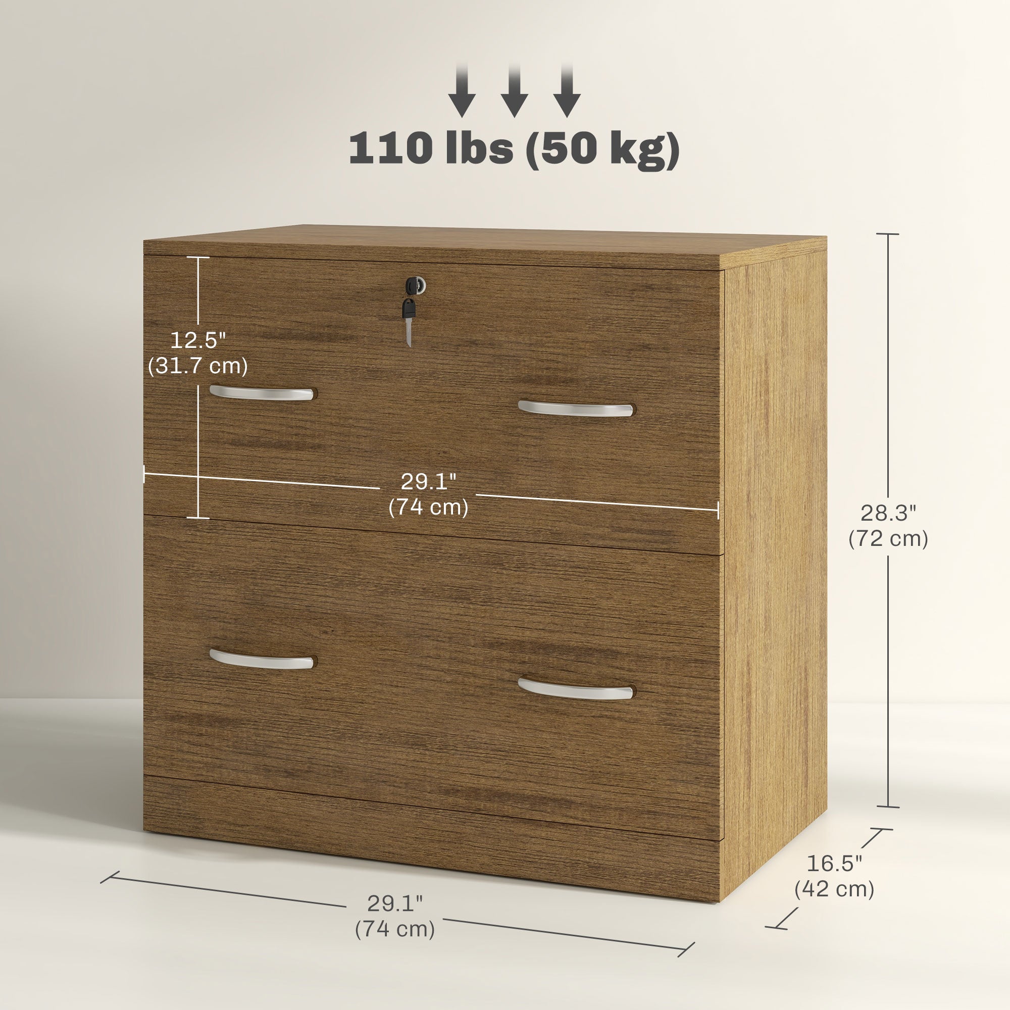 Vinsetto 2-Drawer Lateral Filing Cabinet with Lock, File Cabinet with Hanging Bar for Letter Size, Home Office, Light Brown