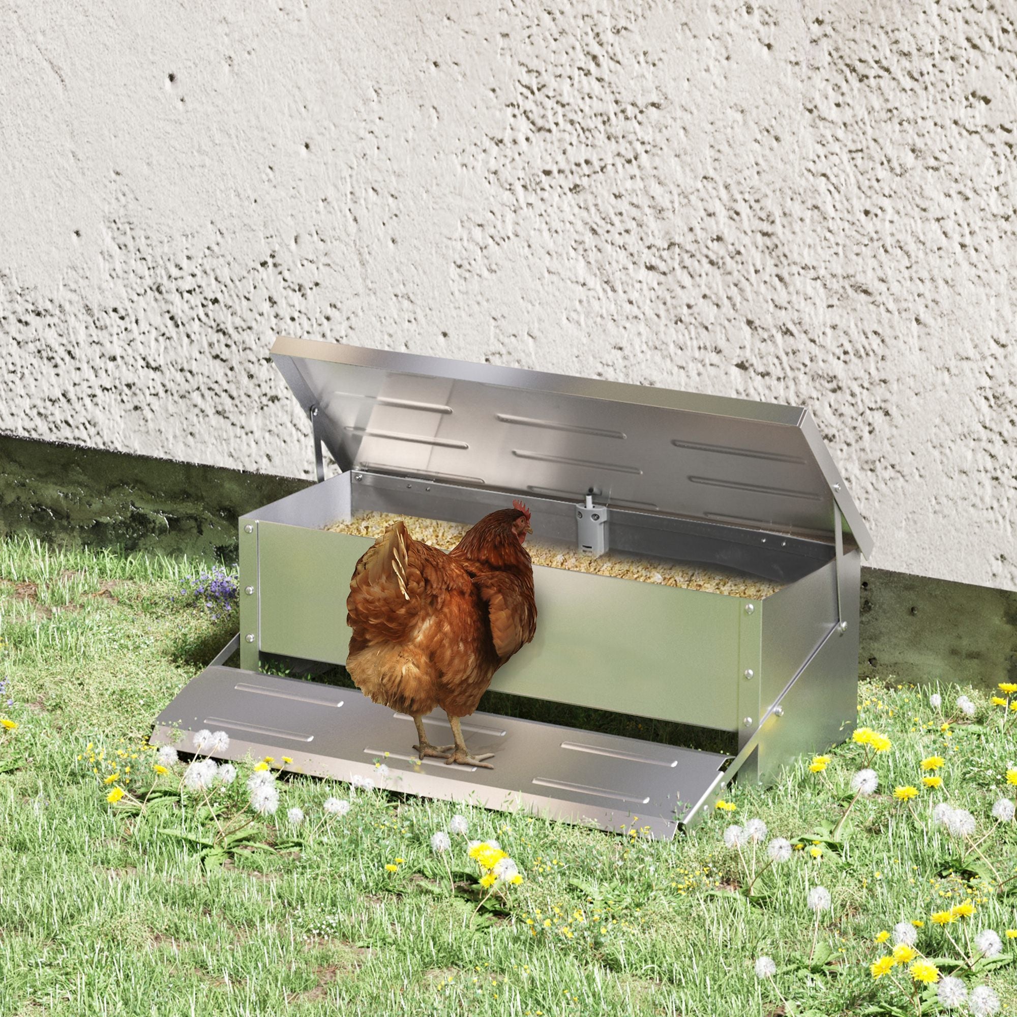 PawHut Automatic Chicken Feeder, 22.5 lbs Capacity Poultry Feeder with Self Opening Treadle, Weather Resistant Lid, for 6 Chickens, Silver