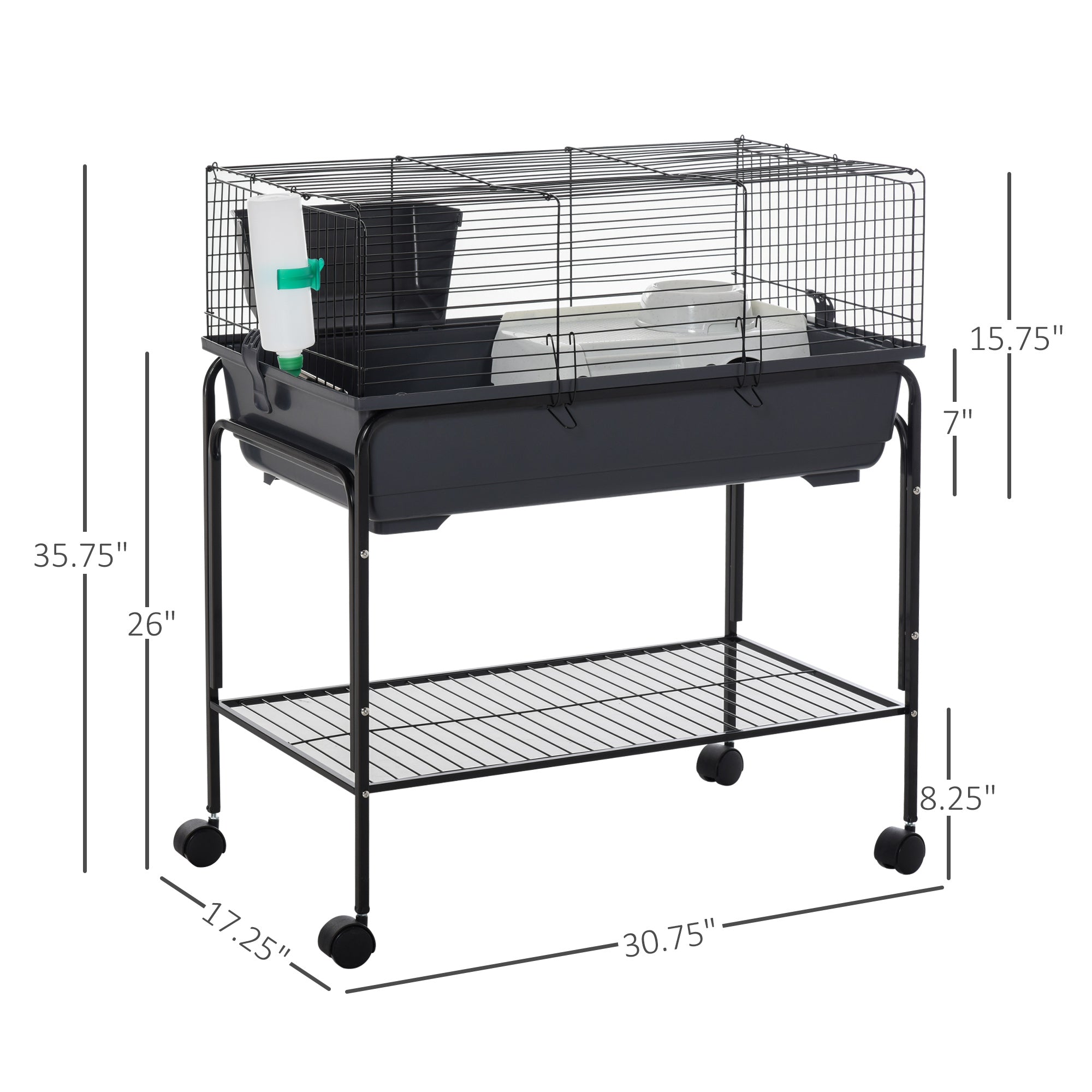PawHut Two-Story Small Animal Cage Removable from Stand, Guinea Pig Cage, Hedgehog Cage, Chinchilla Cage, Ferret, with Shelf & Wheels, Pet Habitat, 33" x 18.5" x 35", Charcoal Gray
