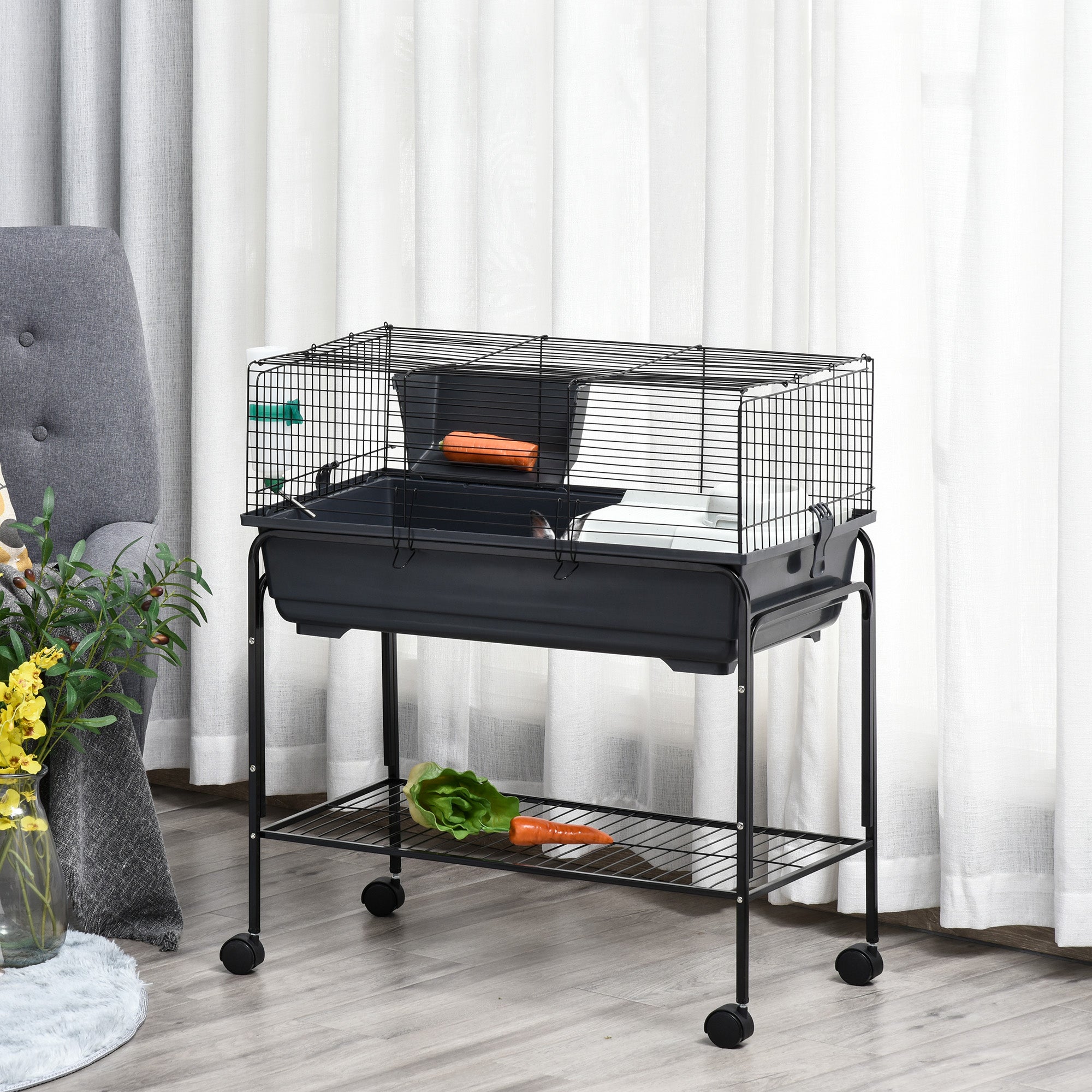 PawHut Two-Story Small Animal Cage Removable from Stand, Guinea Pig Cage, Hedgehog Cage, Chinchilla Cage, Ferret, with Shelf & Wheels, Pet Habitat, 33" x 18.5" x 35", Charcoal Gray