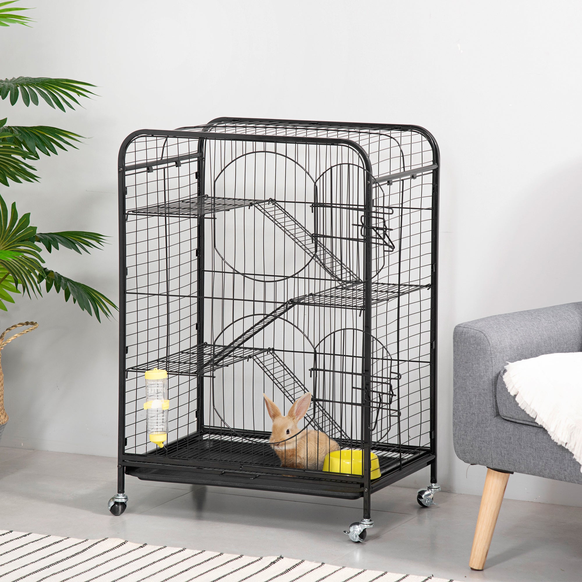 PawHut 36.6"H Metal Ferret Cage Small Animal Cage with Wheels, Metal Fet Fence Playpen for Rabbit Chinchilla with Doors, Platforms, Ramps, Sliding Tray