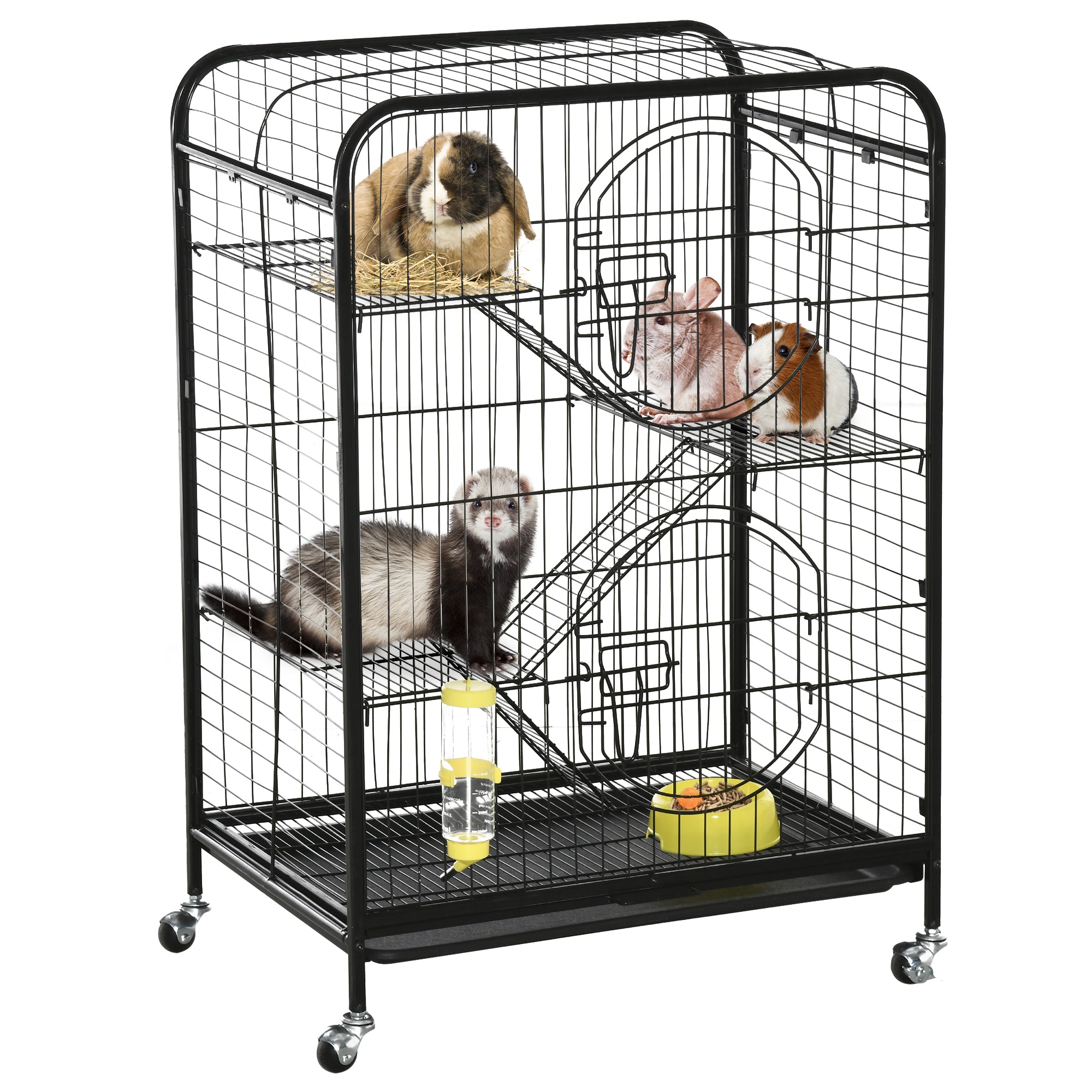 PawHut 36.6"H Metal Ferret Cage Small Animal Cage with Wheels, Metal Fet Fence Playpen for Rabbit Chinchilla with Doors, Platforms, Ramps, Sliding Tray