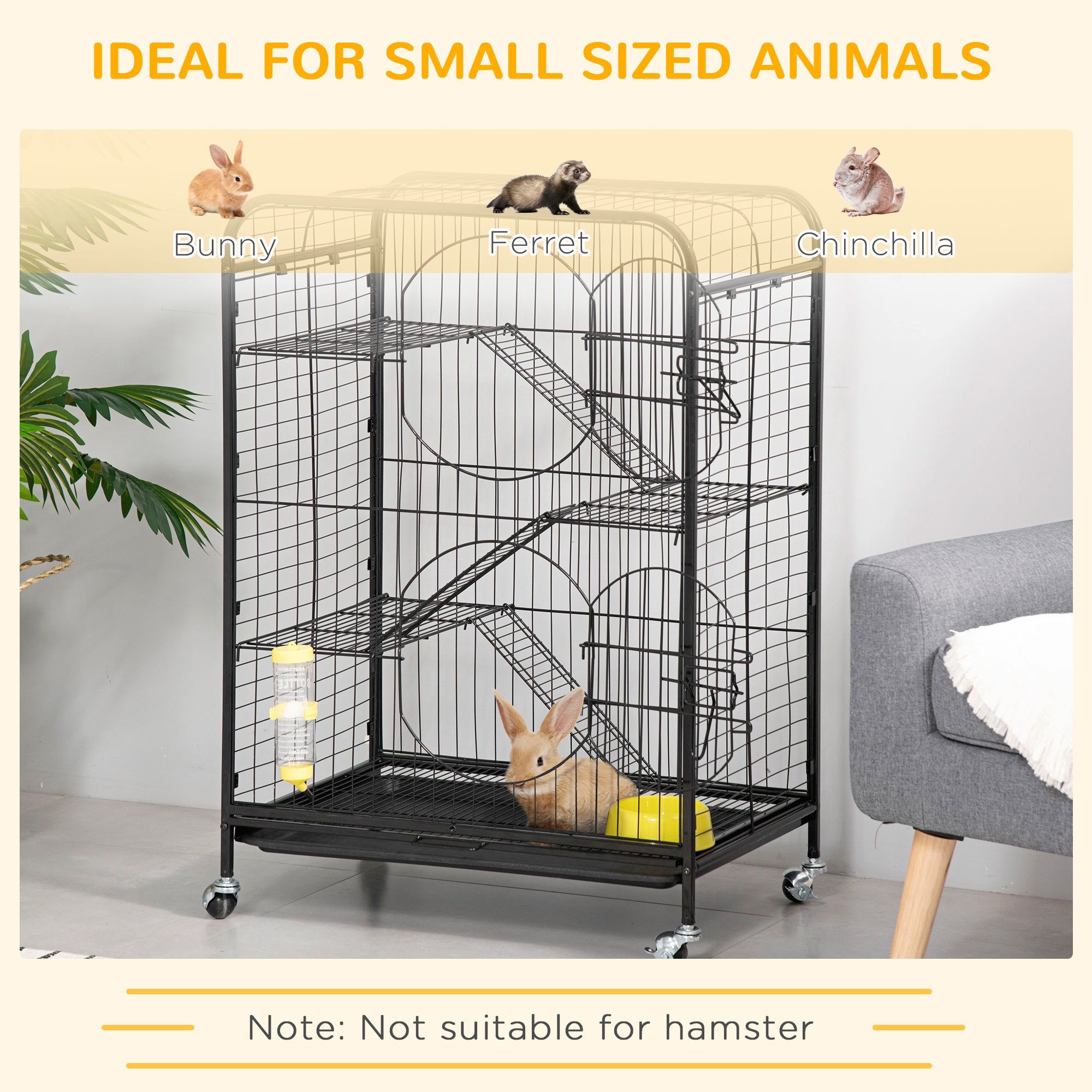 PawHut 36.6"H Metal Ferret Cage Small Animal Cage with Wheels, Metal Fet Fence Playpen for Rabbit Chinchilla with Doors, Platforms, Ramps, Sliding Tray