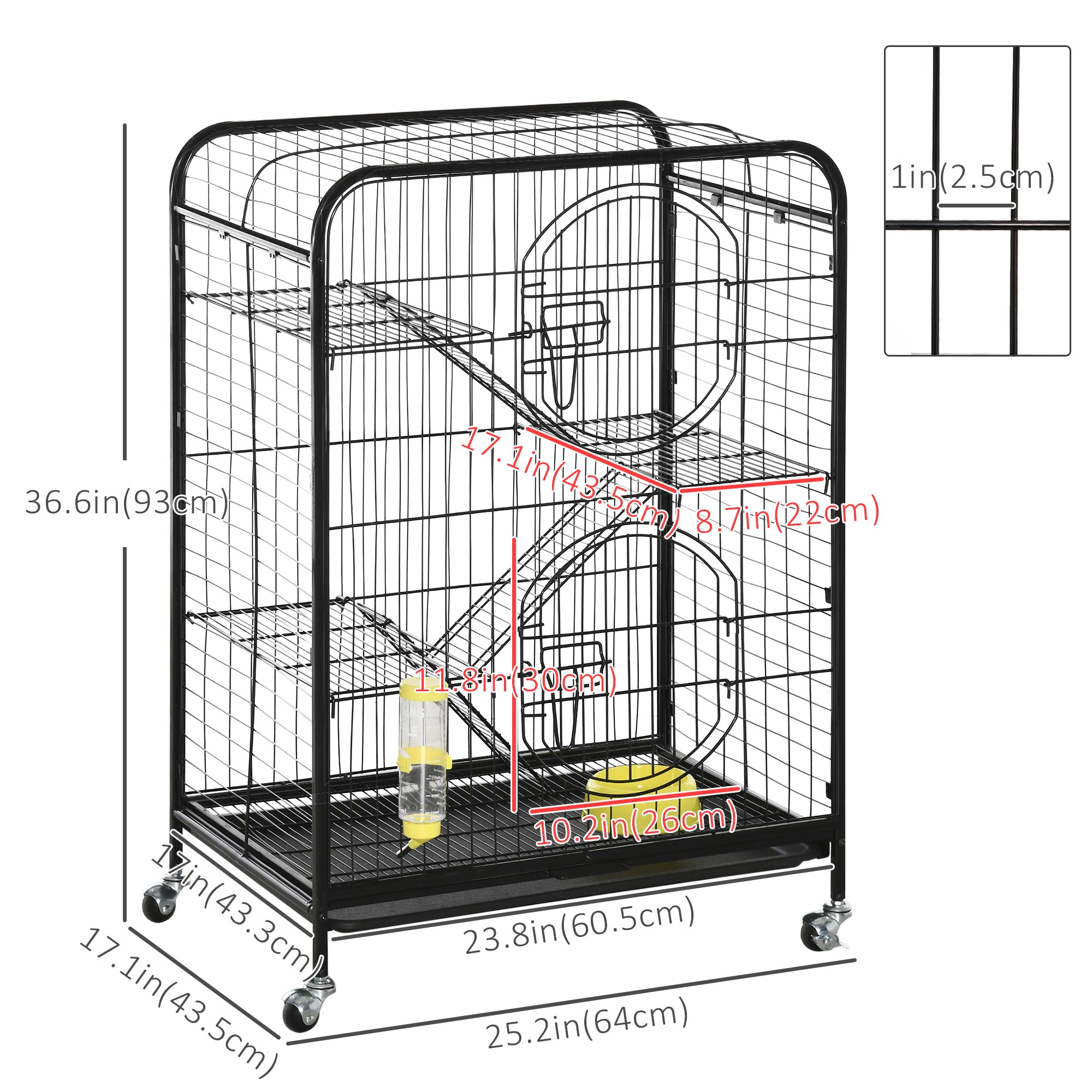 PawHut 36.6"H Metal Ferret Cage Small Animal Cage with Wheels, Metal Fet Fence Playpen for Rabbit Chinchilla with Doors, Platforms, Ramps, Sliding Tray