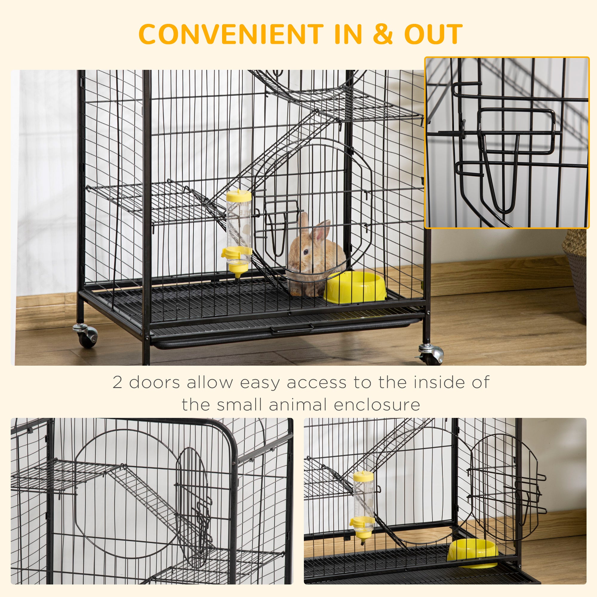 PawHut 36.6"H Metal Ferret Cage Small Animal Cage with Wheels, Metal Fet Fence Playpen for Rabbit Chinchilla with Doors, Platforms, Ramps, Sliding Tray