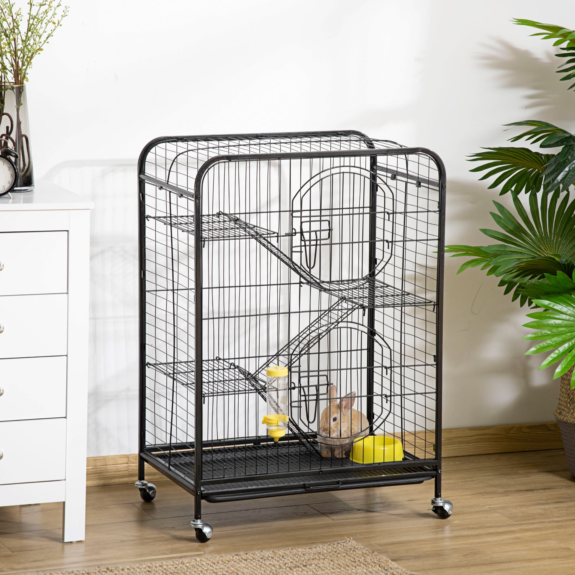 PawHut 36.6"H Metal Ferret Cage Small Animal Cage with Wheels, Metal Fet Fence Playpen for Rabbit Chinchilla with Doors, Platforms, Ramps, Sliding Tray