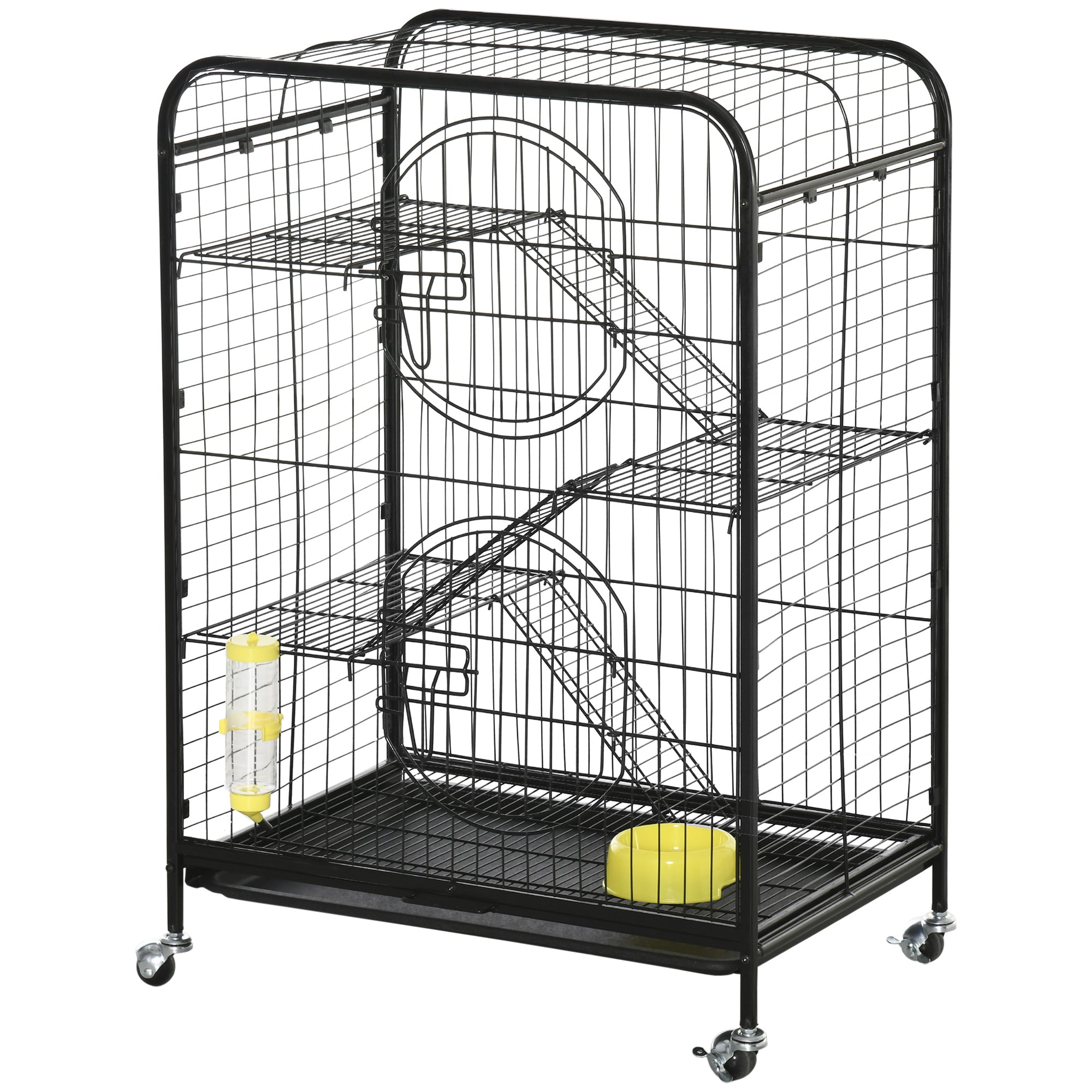 PawHut 36.6"H Metal Ferret Cage Small Animal Cage with Wheels, Metal Fet Fence Playpen for Rabbit Chinchilla with Doors, Platforms, Ramps, Sliding Tray