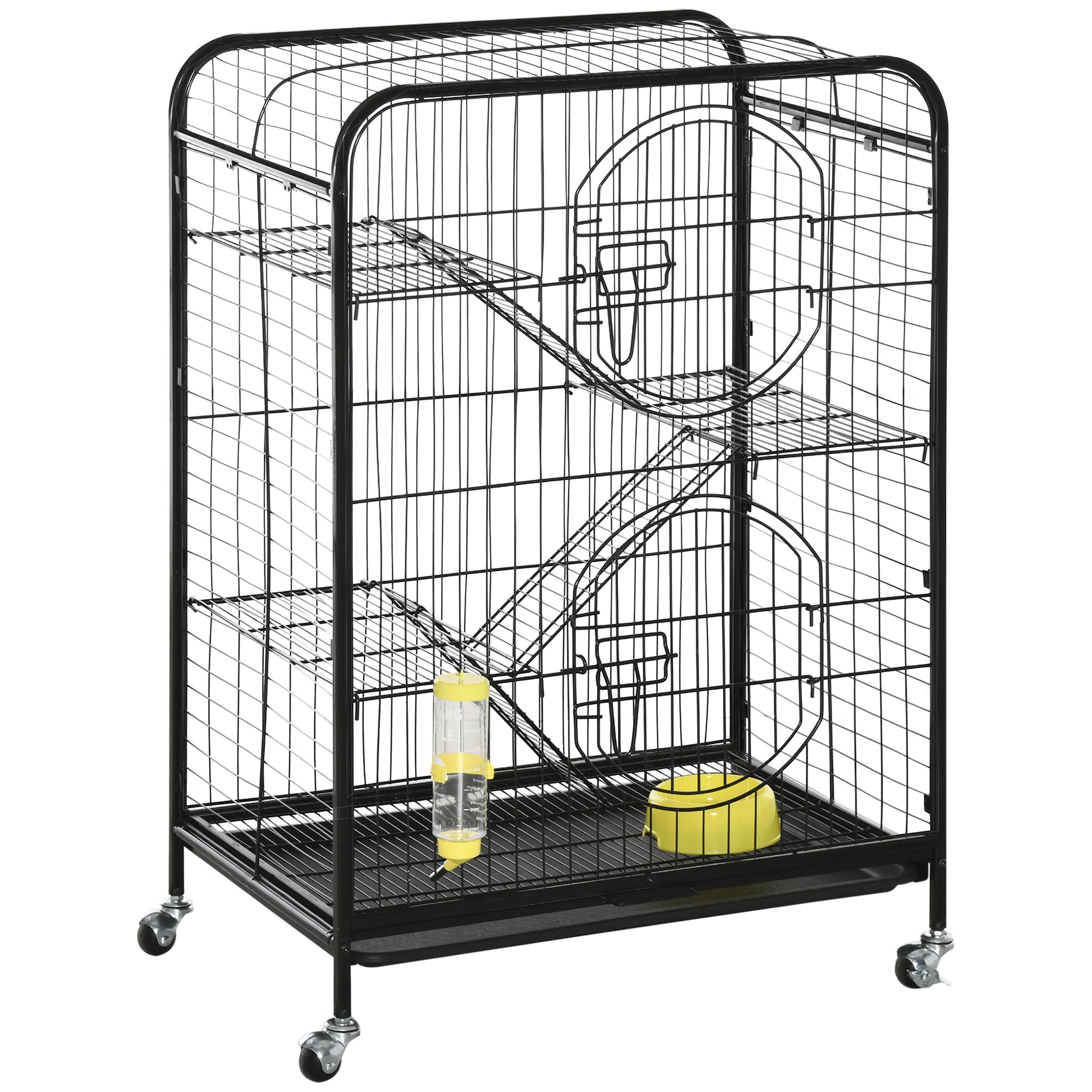 PawHut 36.6"H Metal Ferret Cage Small Animal Cage with Wheels, Metal Fet Fence Playpen for Rabbit Chinchilla with Doors, Platforms, Ramps, Sliding Tray