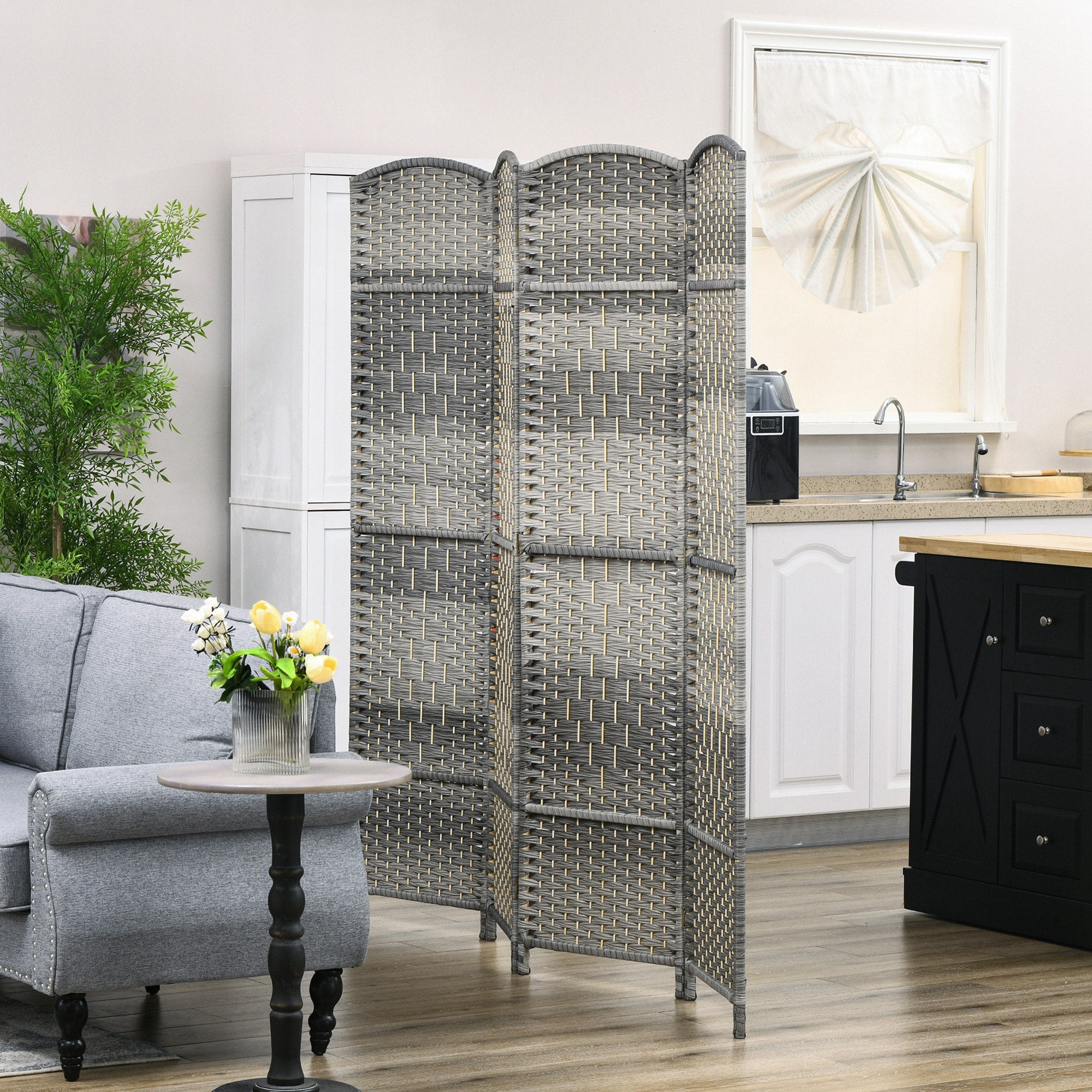 HOMCOM 4 Panels Room Divider, 6 Ft Tall Indoor Portable Folding Privacy Screens, Handwoven Freestanding Partition Wall Divider for Home Office, Gradient Grey