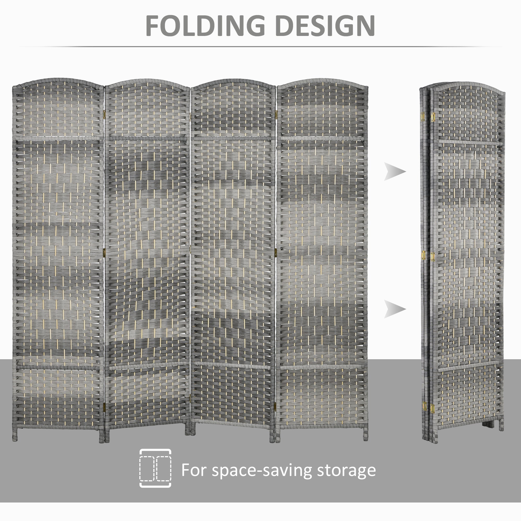 HOMCOM 4 Panels Room Divider, 6 Ft Tall Indoor Portable Folding Privacy Screens, Handwoven Freestanding Partition Wall Divider for Home Office, Gradient Grey