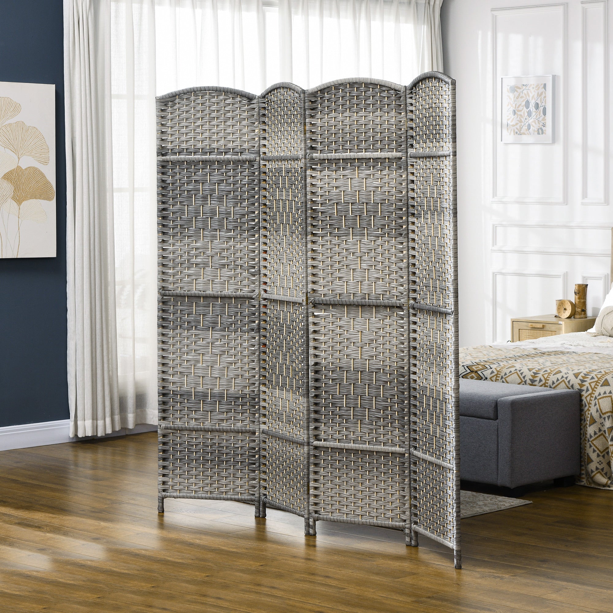 HOMCOM 4 Panels Room Divider, 6 Ft Tall Indoor Portable Folding Privacy Screens, Handwoven Freestanding Partition Wall Divider for Home Office, Gradient Grey