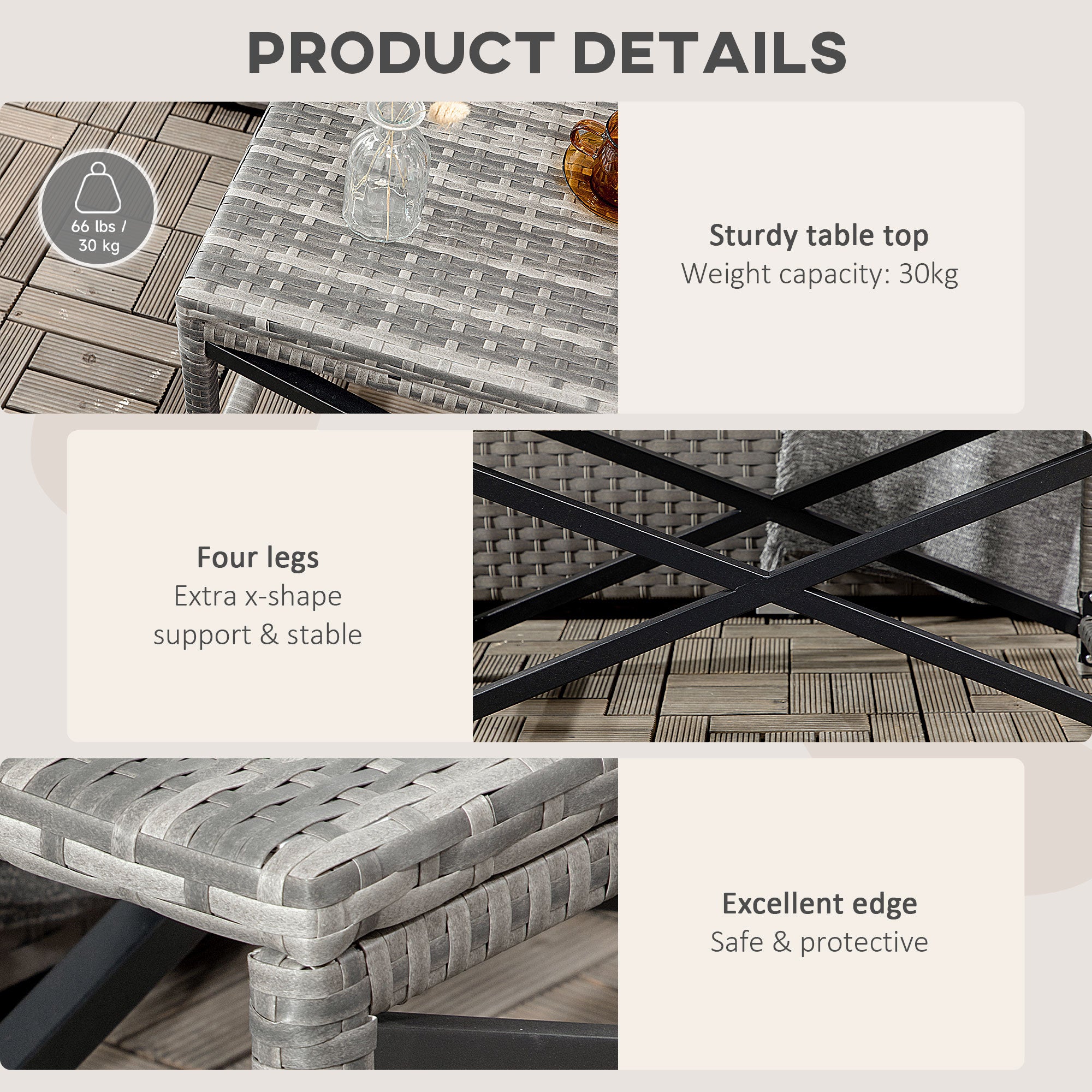 Outsunny Patio Wicker End Table, Outdoor PE Rattan Side Table, with Plastic Board Under the Full Woven Table Top for Patio, Garden, Balcony, Mixed Gray