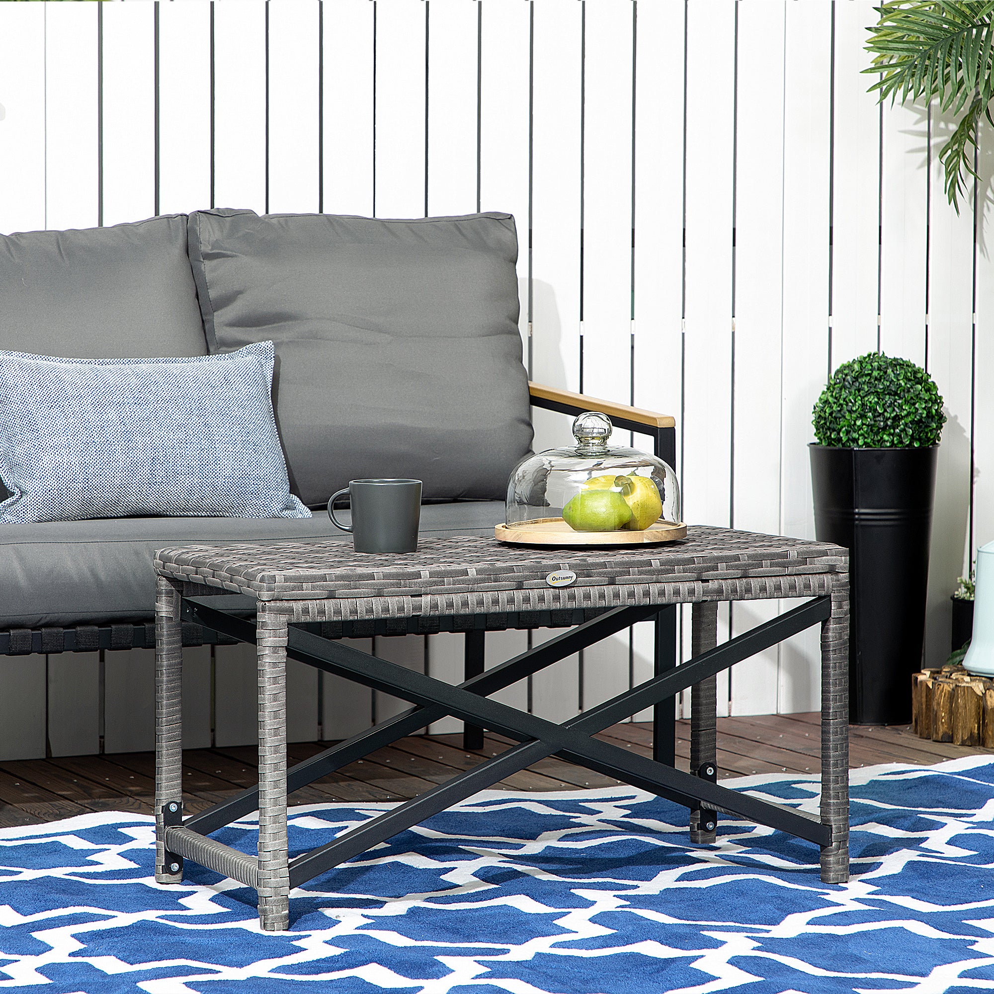 Outsunny Patio Wicker End Table, Outdoor PE Rattan Side Table, with Plastic Board Under the Full Woven Table Top for Patio, Garden, Balcony, Mixed Gray