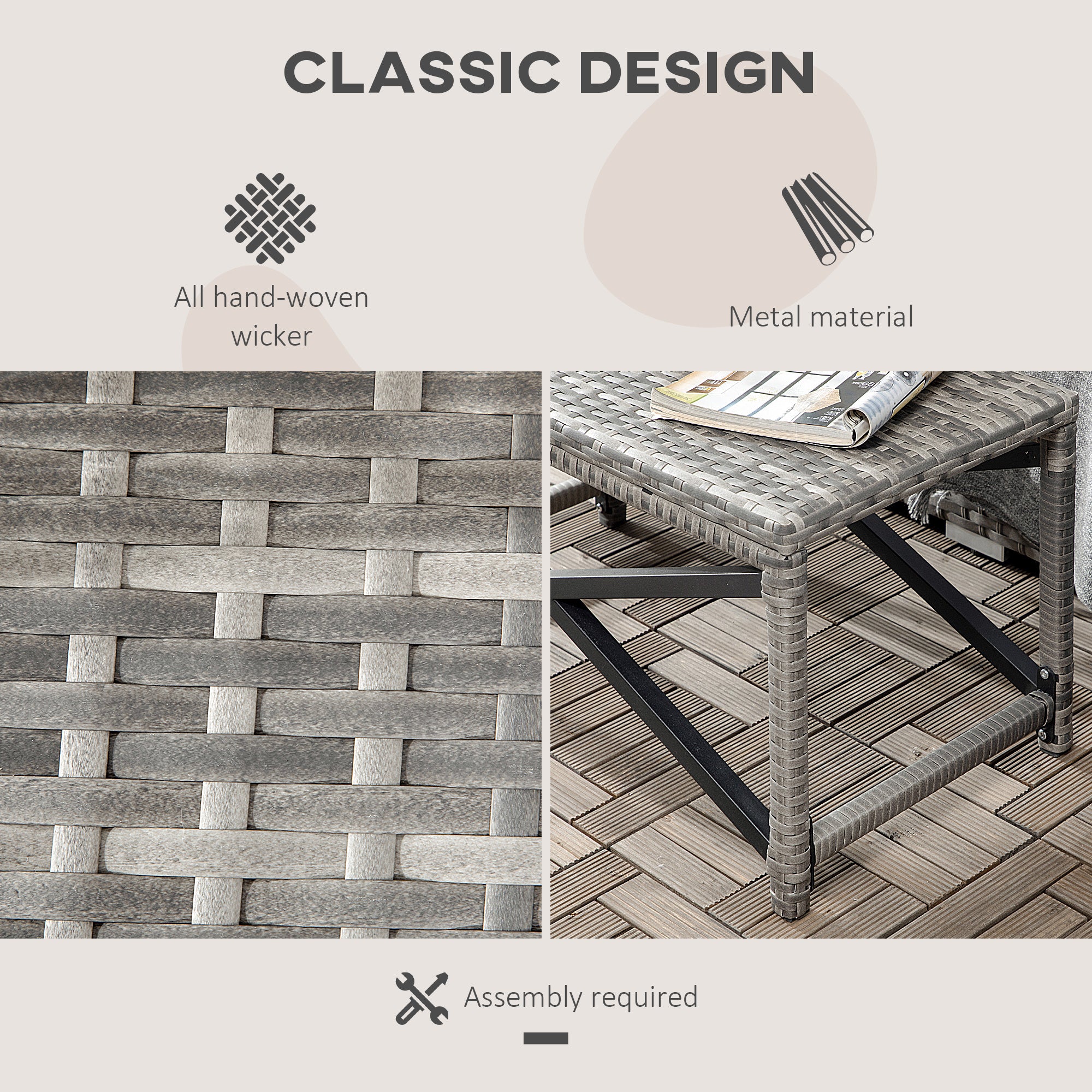 Outsunny Patio Wicker End Table, Outdoor PE Rattan Side Table, with Plastic Board Under the Full Woven Table Top for Patio, Garden, Balcony, Mixed Gray