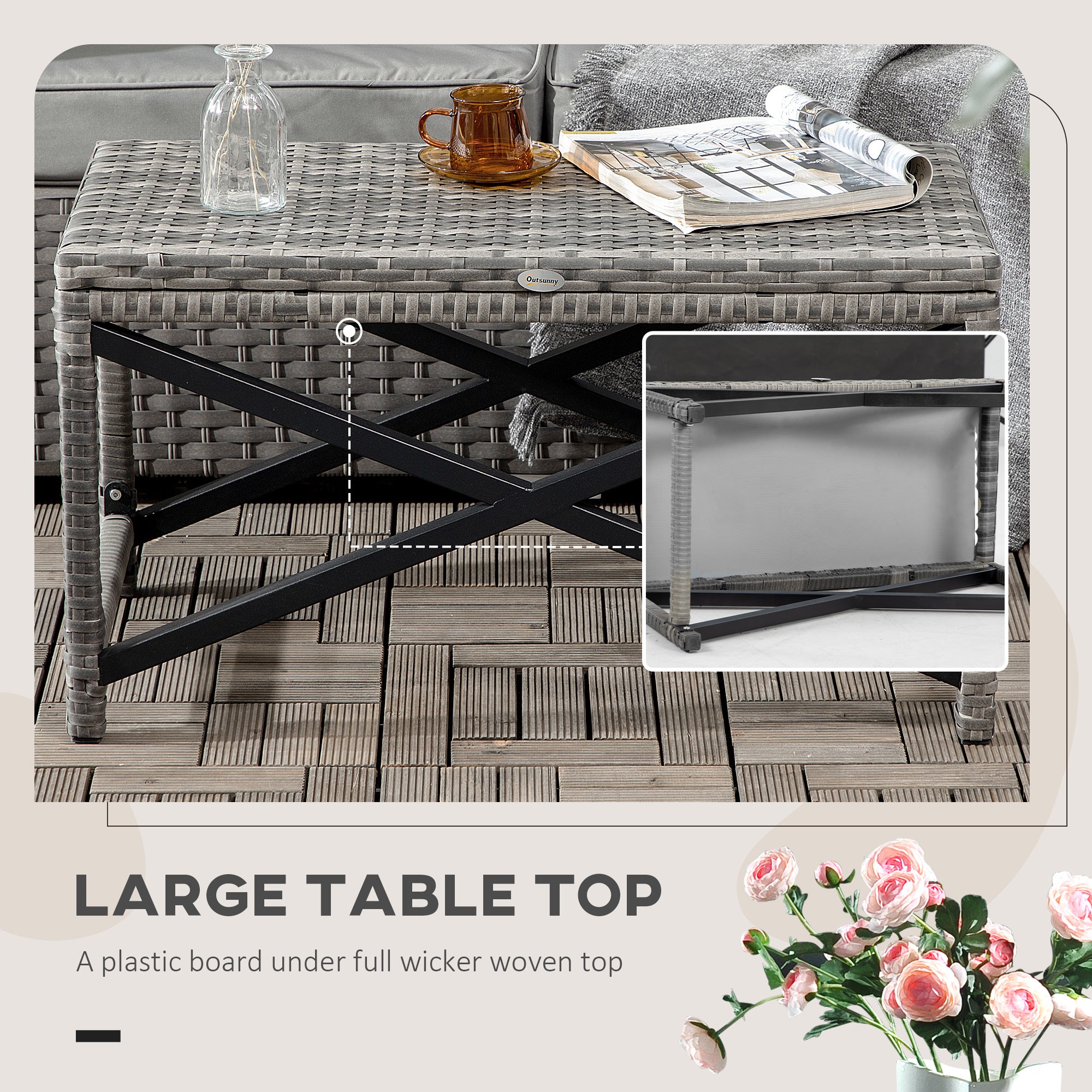 Outsunny Patio Wicker End Table, Outdoor PE Rattan Side Table, with Plastic Board Under the Full Woven Table Top for Patio, Garden, Balcony, Mixed Gray