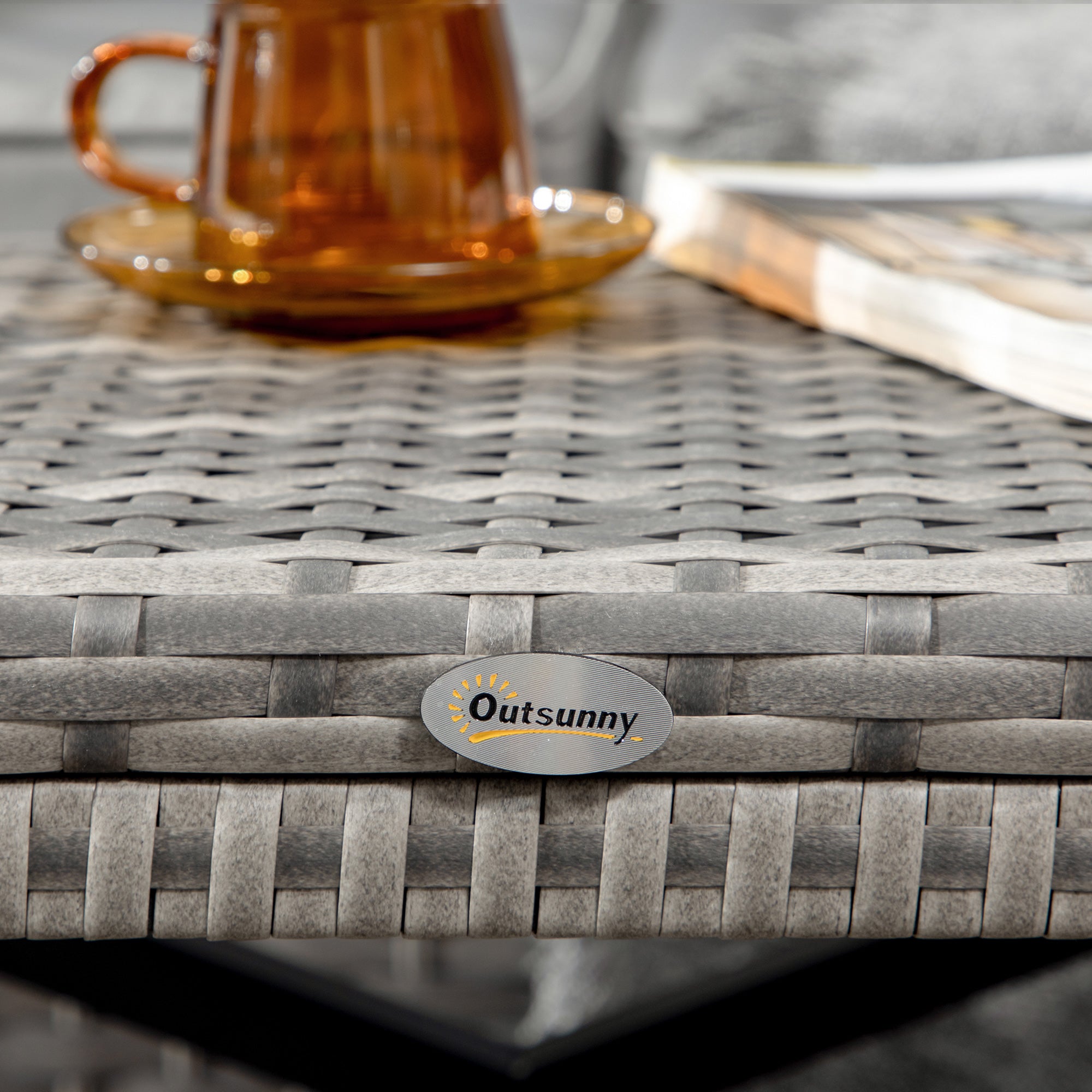 Outsunny Patio Wicker End Table, Outdoor PE Rattan Side Table, with Plastic Board Under the Full Woven Table Top for Patio, Garden, Balcony, Mixed Gray