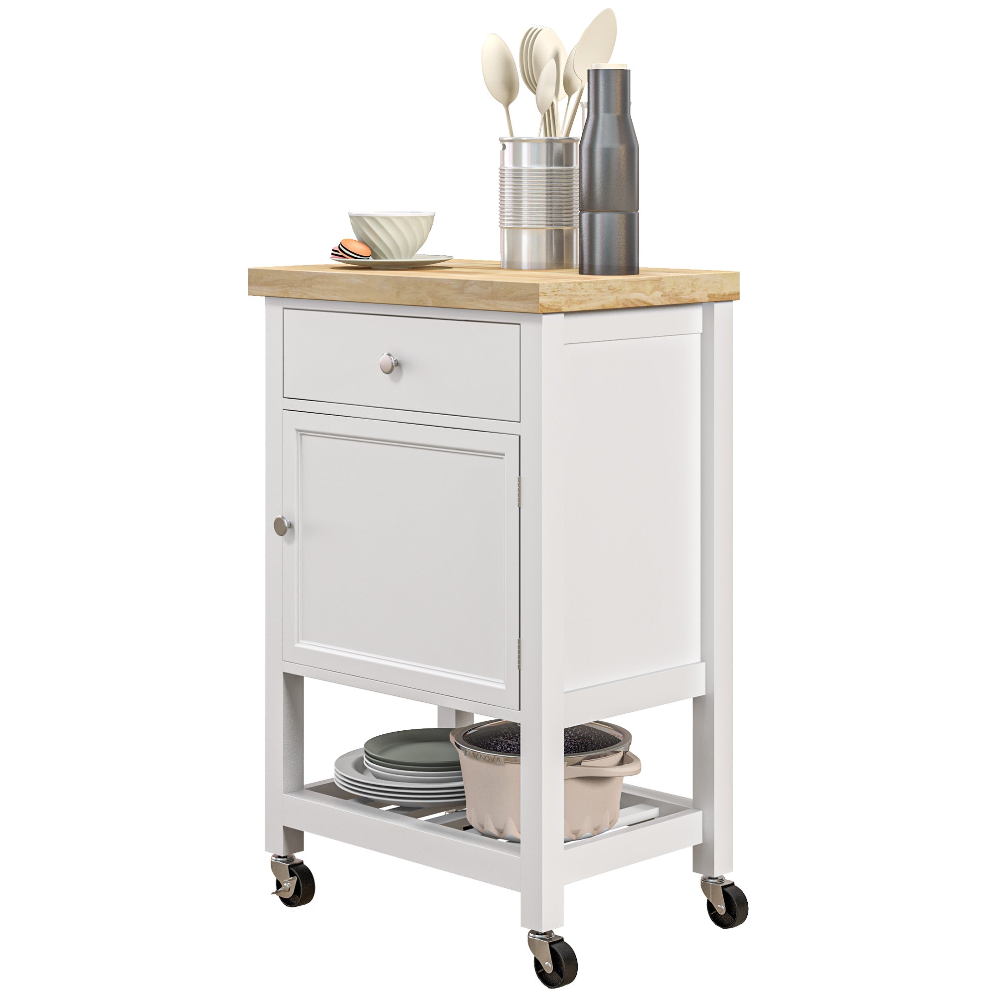 HOMCOM Rolling Kitchen Island Cart with Wood Top, Butcher Block Kitchen Cart on Wheels with Drawer, Storage Cabinet and Towel Rack, White