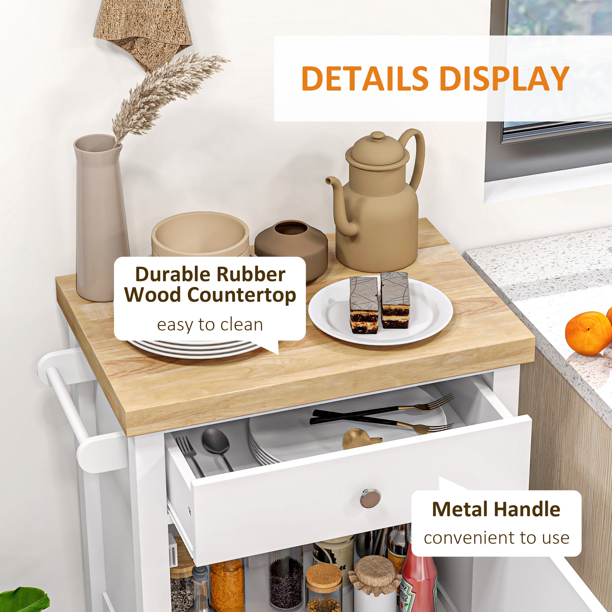 HOMCOM Rolling Kitchen Island Cart with Wood Top, Butcher Block Kitchen Cart on Wheels with Drawer, Storage Cabinet and Towel Rack, White