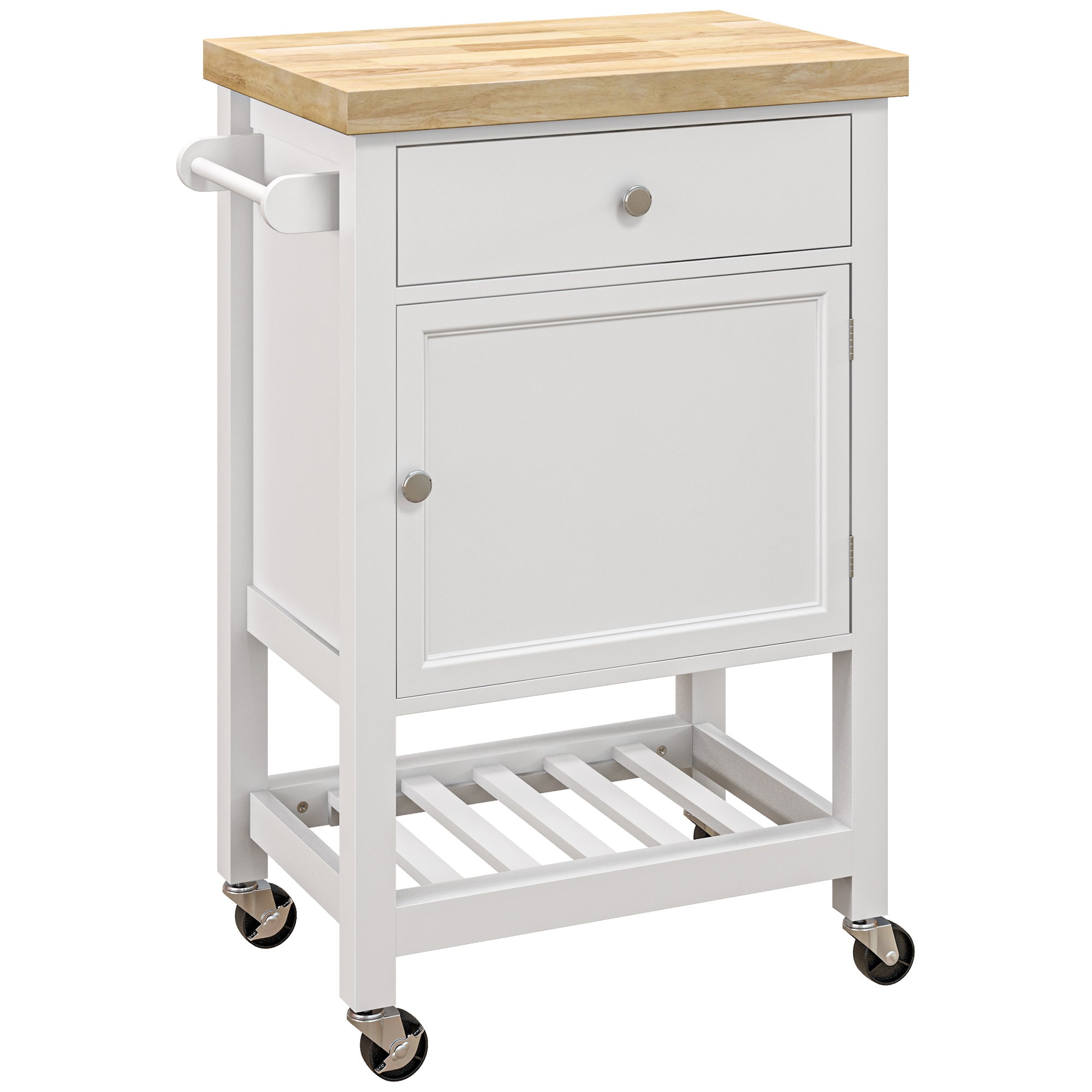 HOMCOM Rolling Kitchen Island Cart with Wood Top, Butcher Block Kitchen Cart on Wheels with Drawer, Storage Cabinet and Towel Rack, White