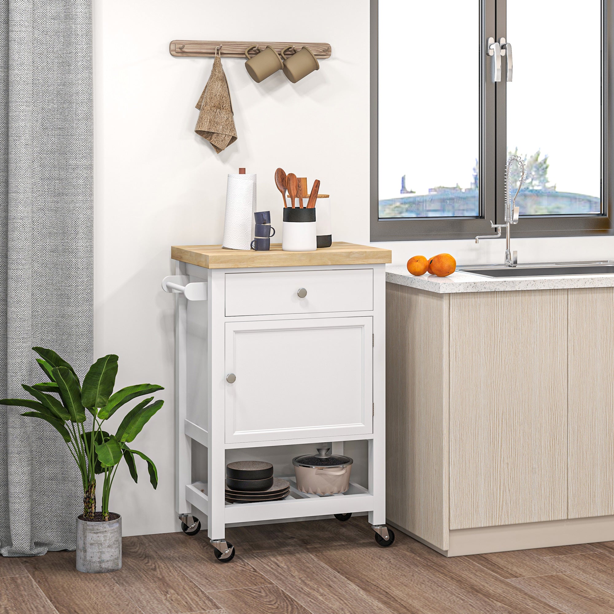HOMCOM Rolling Kitchen Island Cart with Wood Top, Butcher Block Kitchen Cart on Wheels with Drawer, Storage Cabinet and Towel Rack, White