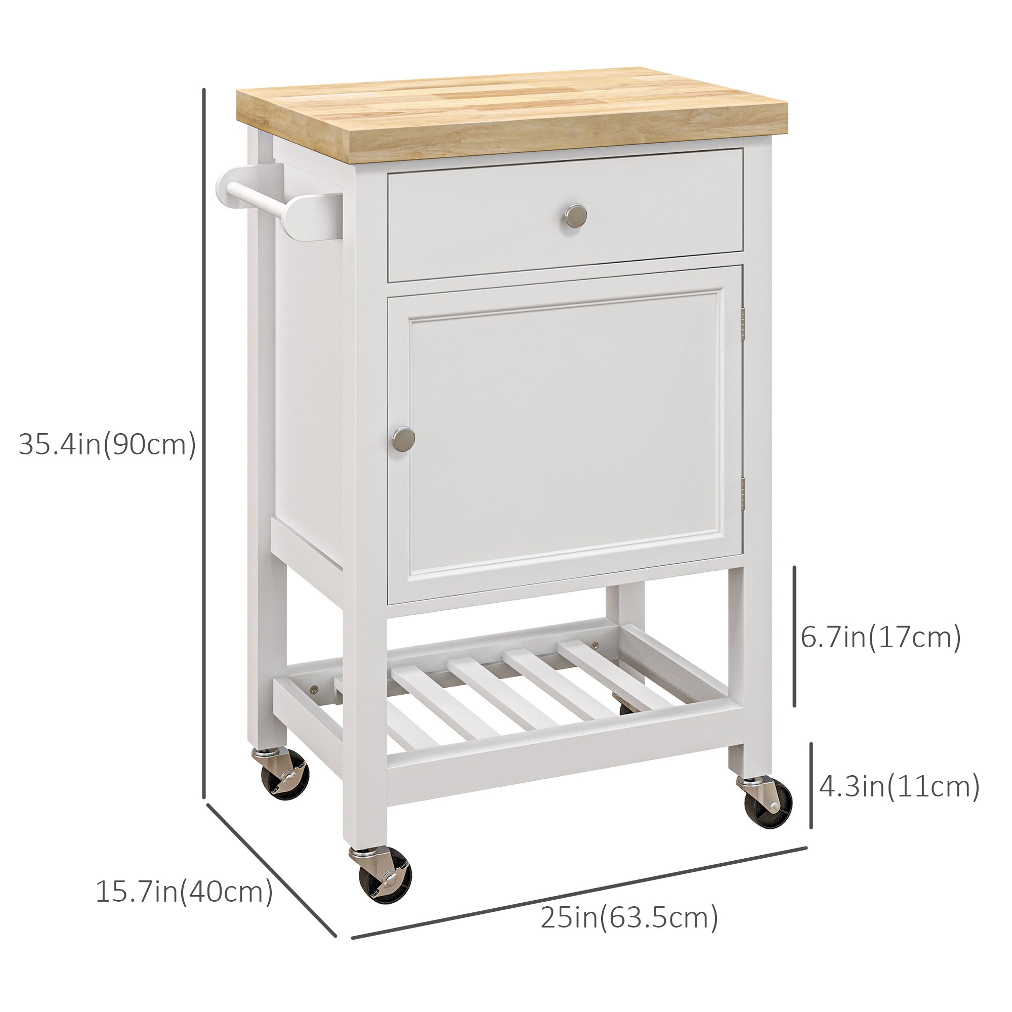 HOMCOM Rolling Kitchen Island Cart with Wood Top, Butcher Block Kitchen Cart on Wheels with Drawer, Storage Cabinet and Towel Rack, White